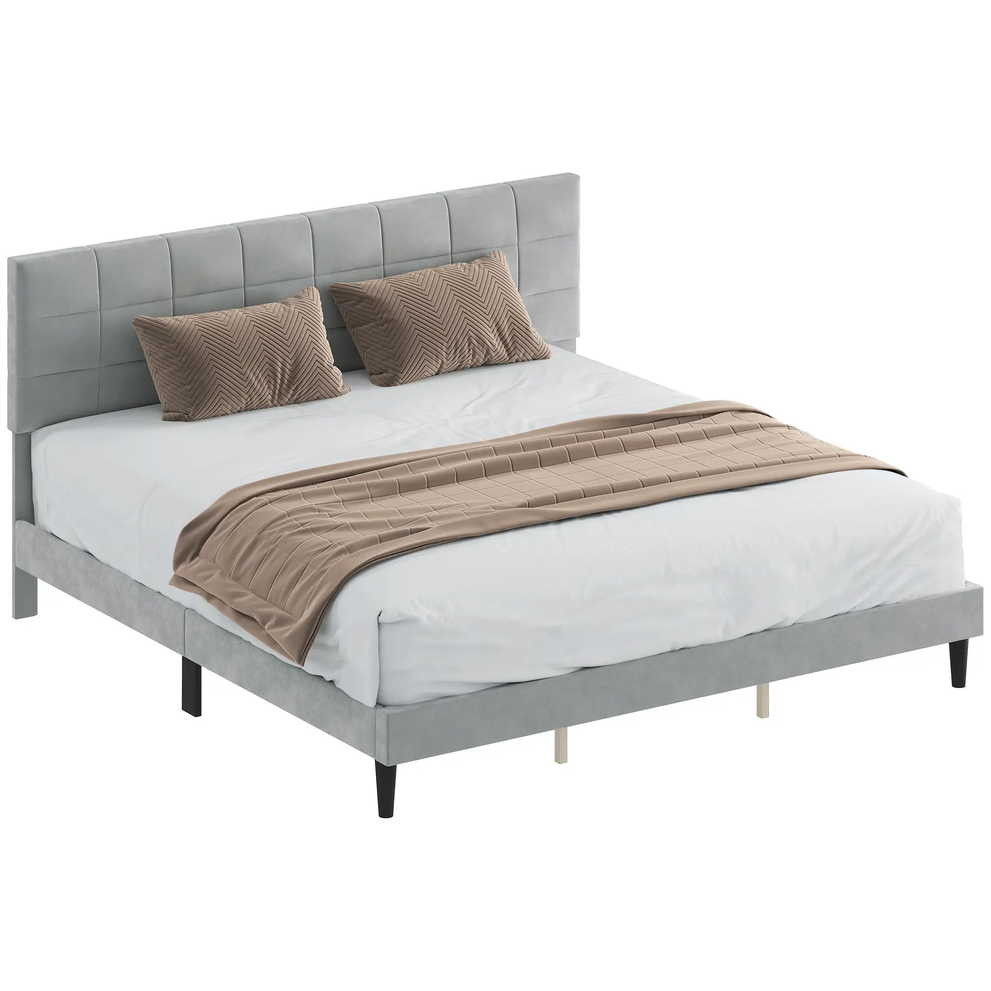 King Size Bed Frame, Upholstered Headboard, Wood Slats, 1100 lbs, Grey - Image 11