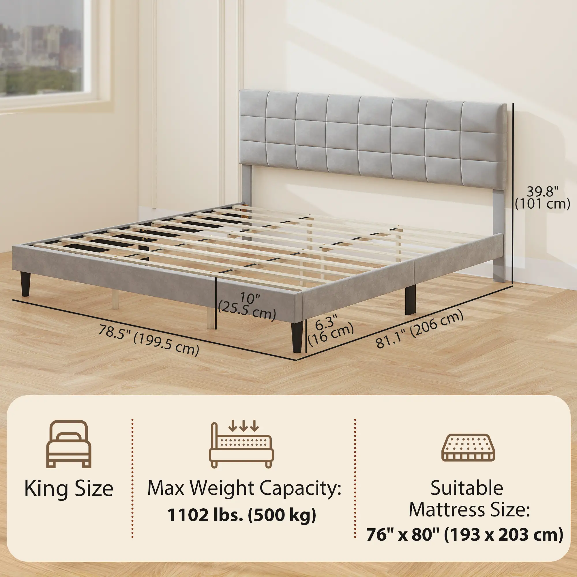 King Size Bed Frame, Upholstered Headboard, Wood Slats, 1100 lbs, Grey - Image 3