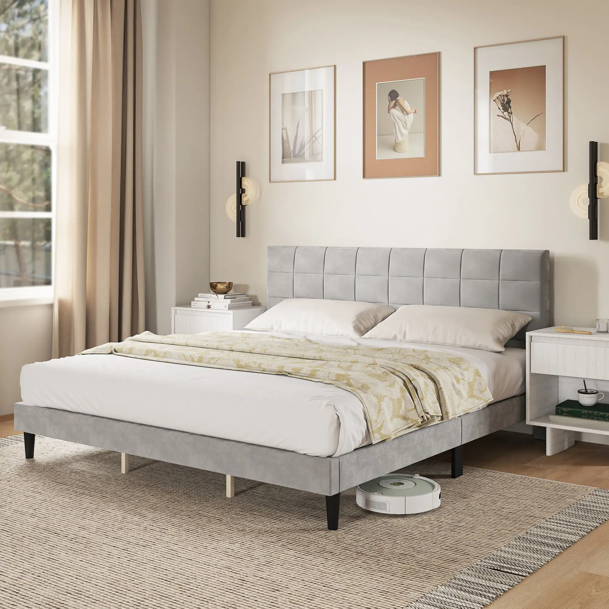 King Size Bed Frame, Upholstered Headboard, Wood Slats, 1100 lbs, Grey - Image 9