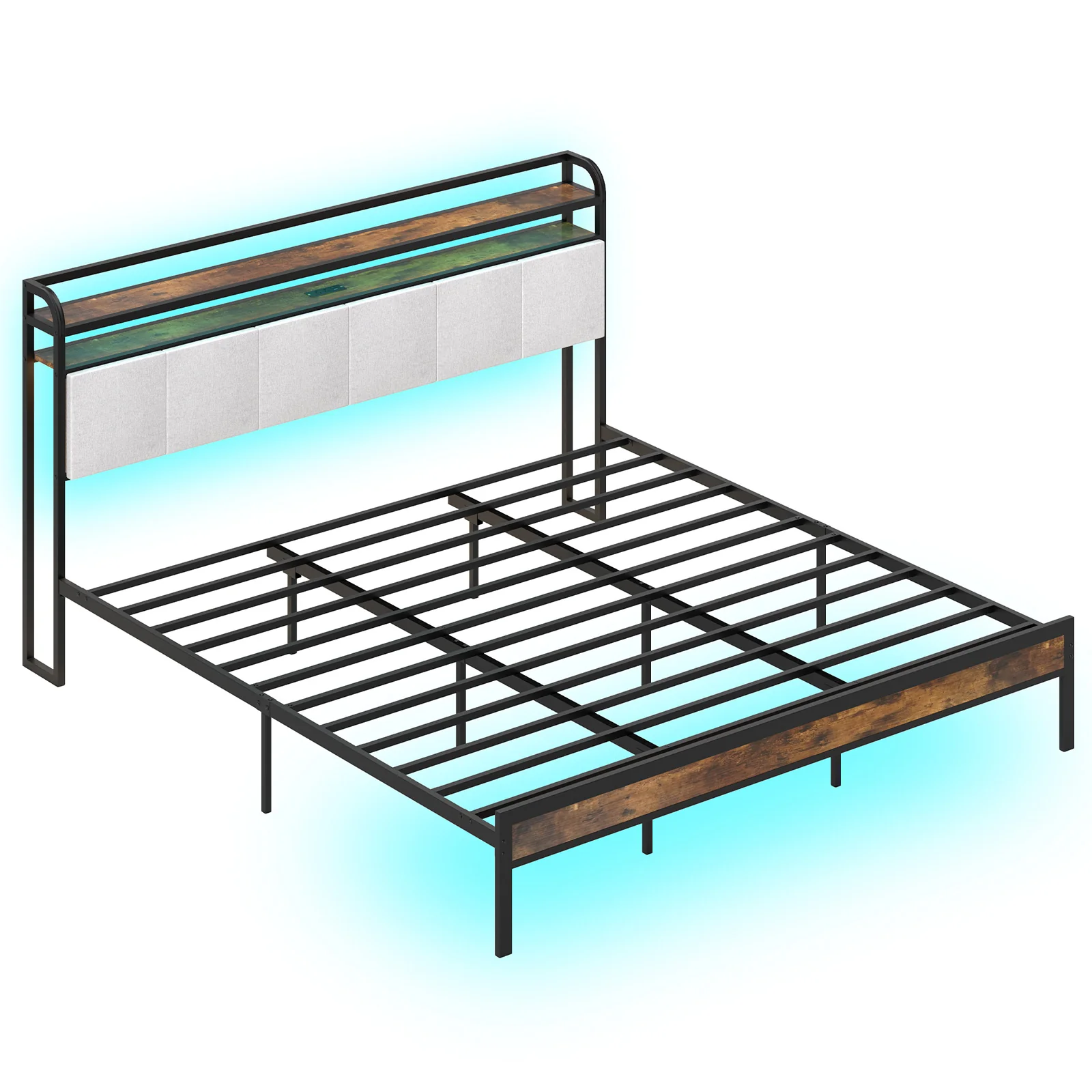 King Size Bed Frame With LED Light, Charging Station, Gray