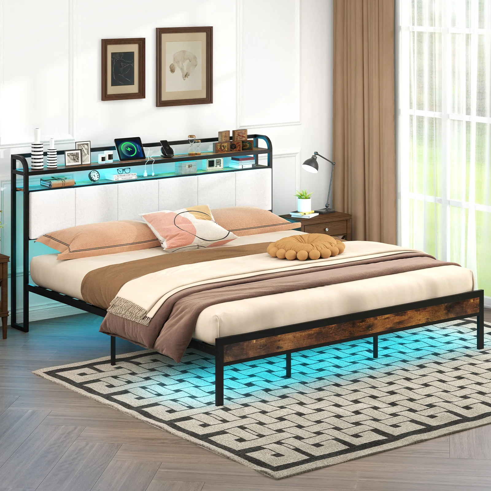 King Size Bed Frame With LED Light, Charging Station, Gray - Image 2