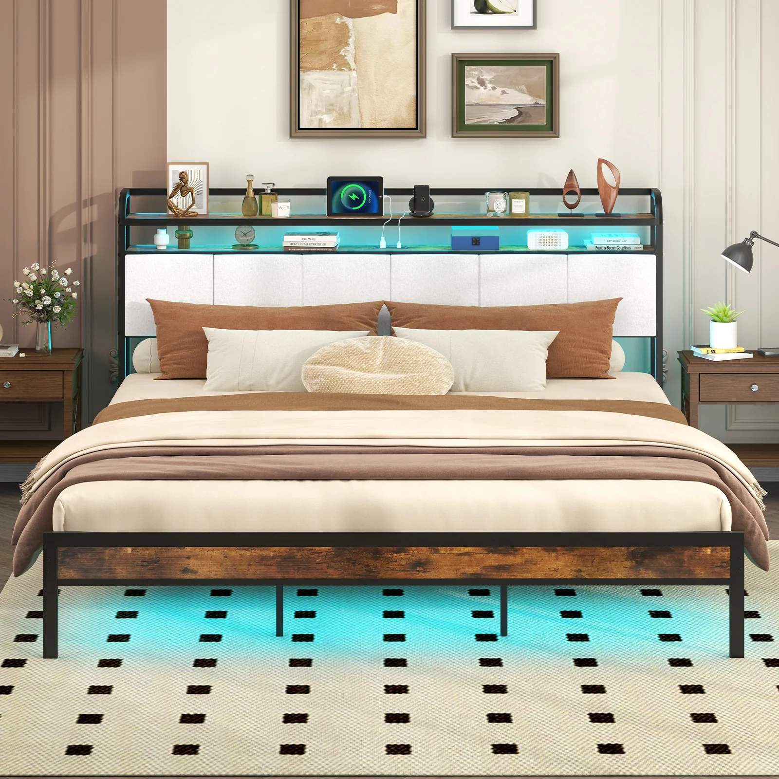 King Size Bed Frame With LED Light, Charging Station, Gray - Image 3