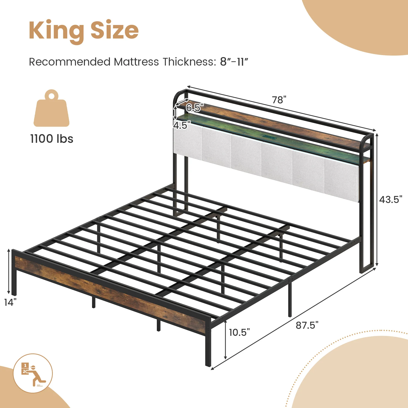 King Size Bed Frame With LED Light, Charging Station, Gray - Image 5