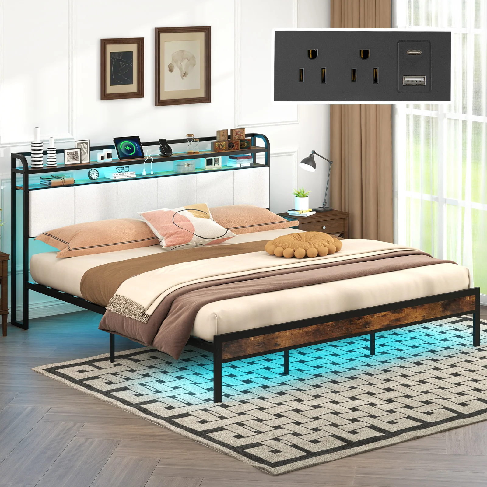 King Size Bed Frame With LED Light, Charging Station, Gray - Image 6