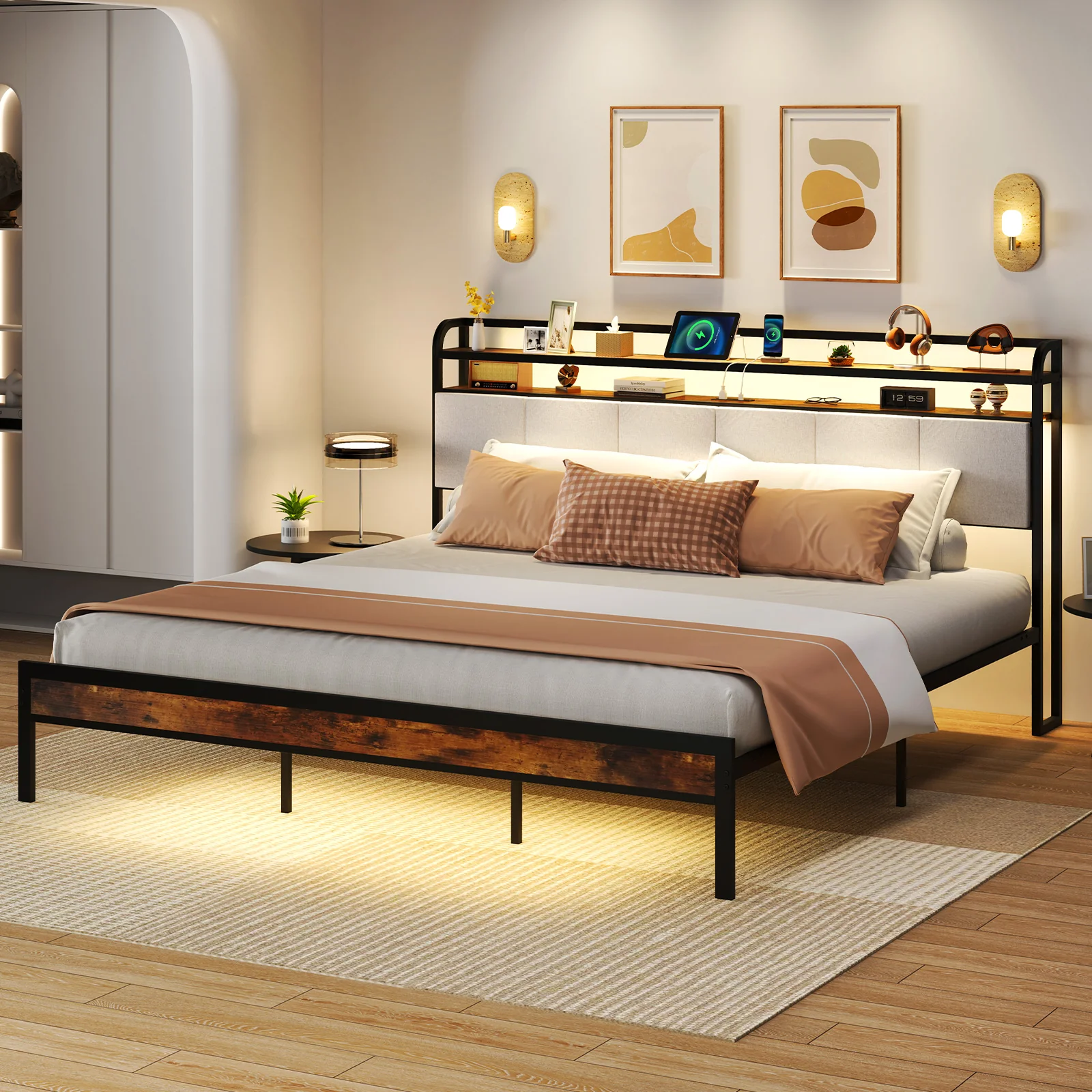 King Size Bed Frame With LED Light, Charging Station, Gray - Image 7
