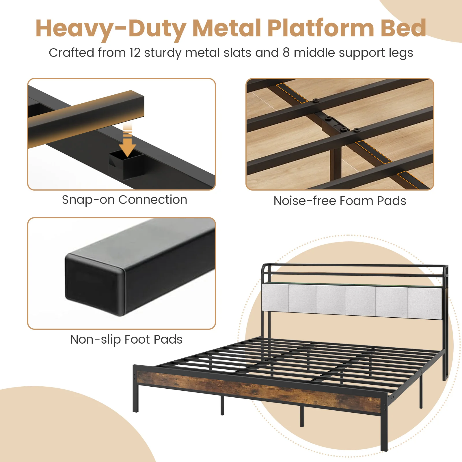 King Size Bed Frame With LED Light, Charging Station, Gray - Image 8
