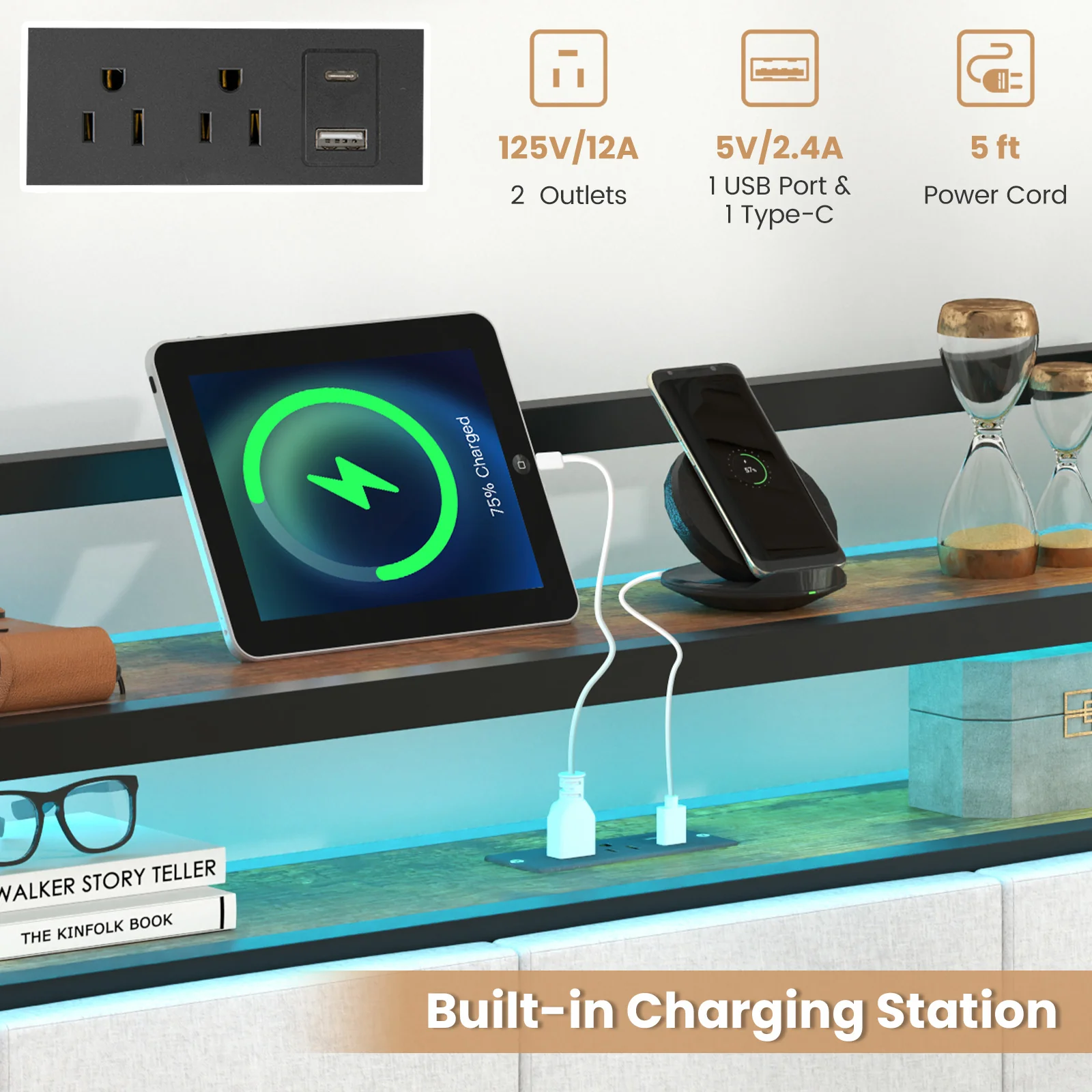 King Size Bed Frame With LED Light, Charging Station, Gray - Image 9