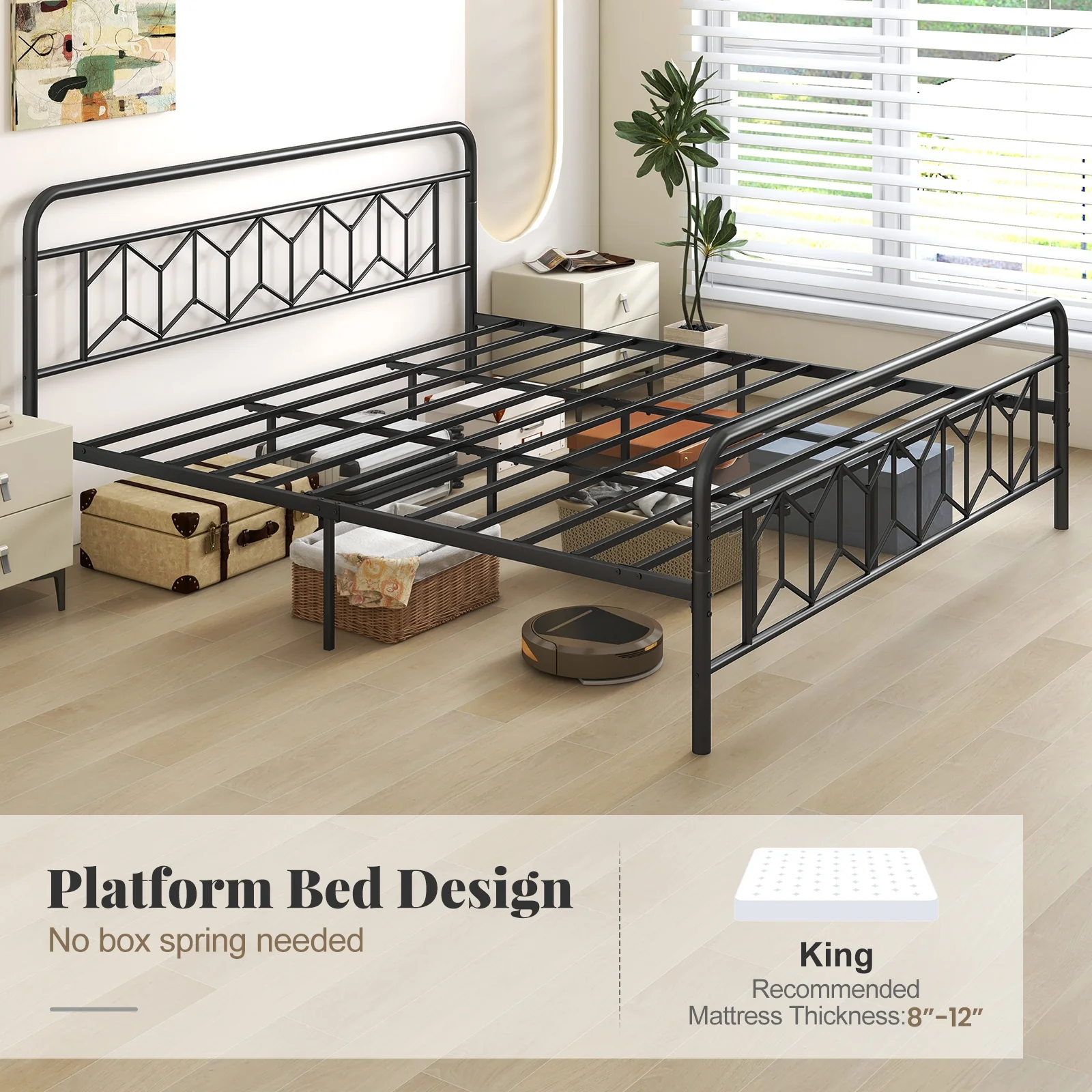 King Size Platform Bed, High Headboard, Metal Slats, Black - Image 10