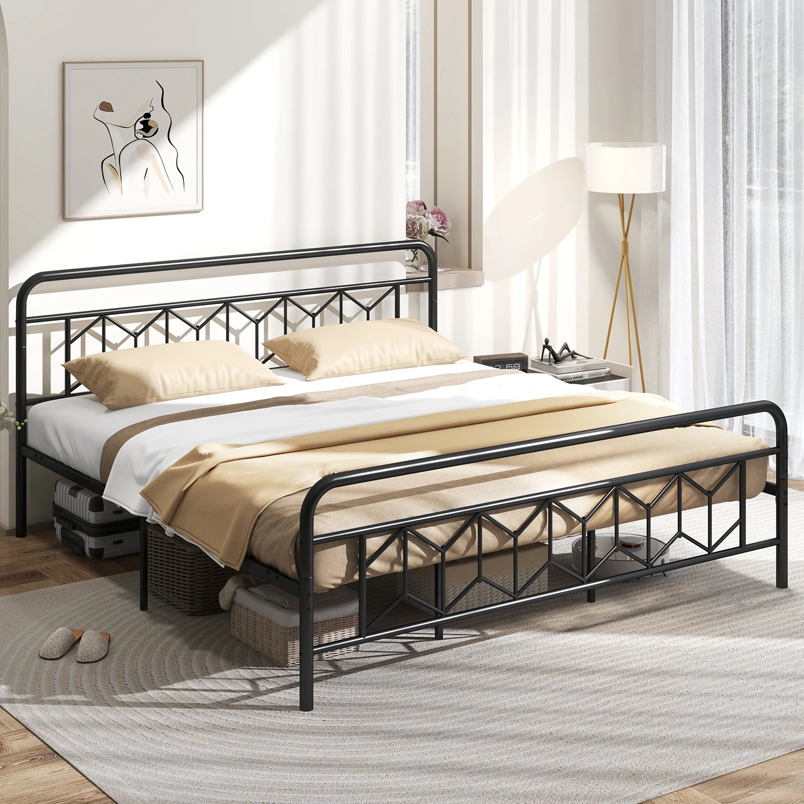 King Size Platform Bed, High Headboard, Metal Slats, Black - Image 2