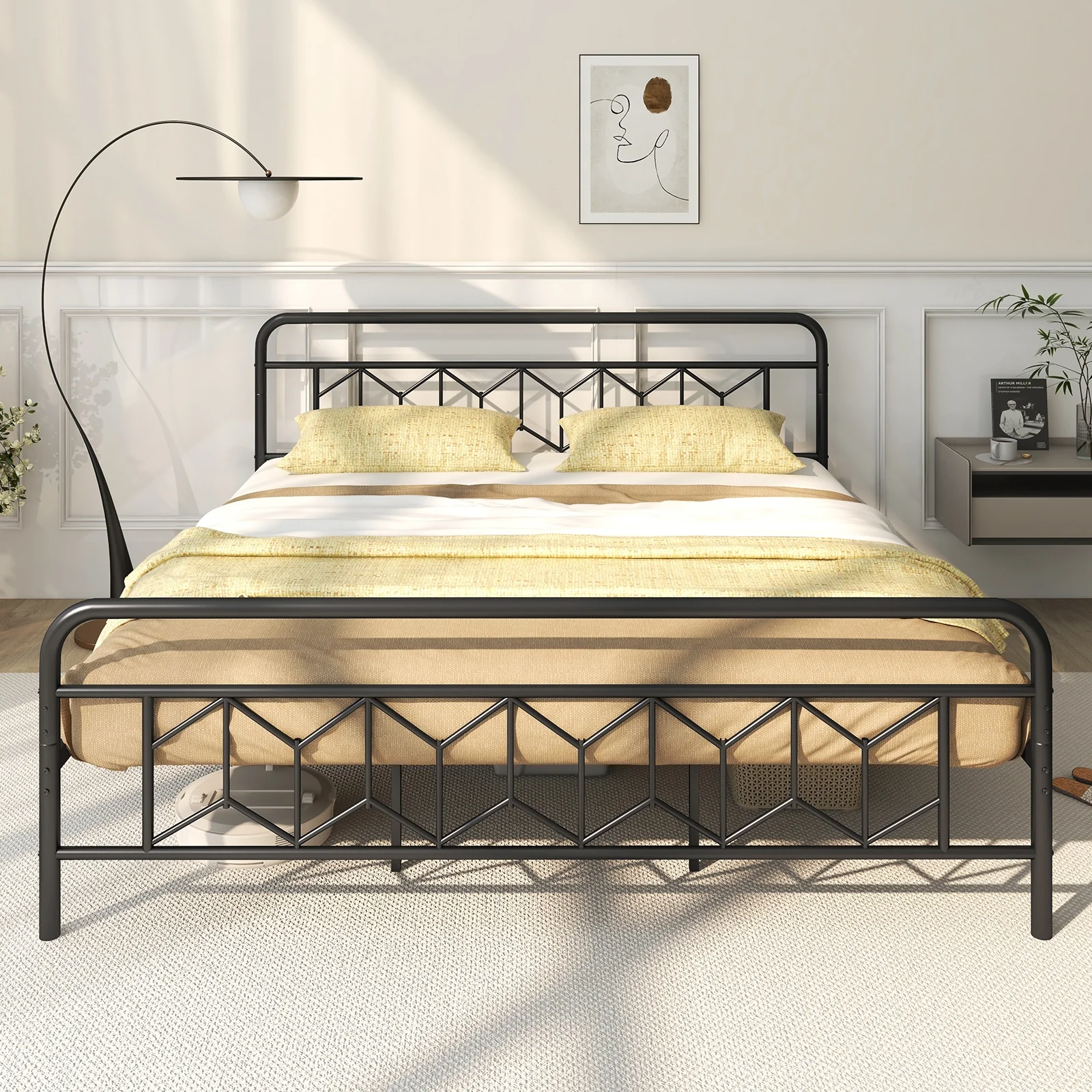 King Size Platform Bed, High Headboard, Metal Slats, Black - Image 3
