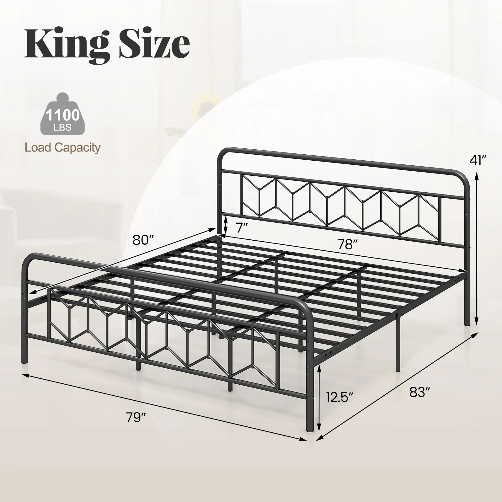 King Size Platform Bed, High Headboard, Metal Slats, Black - Image 5