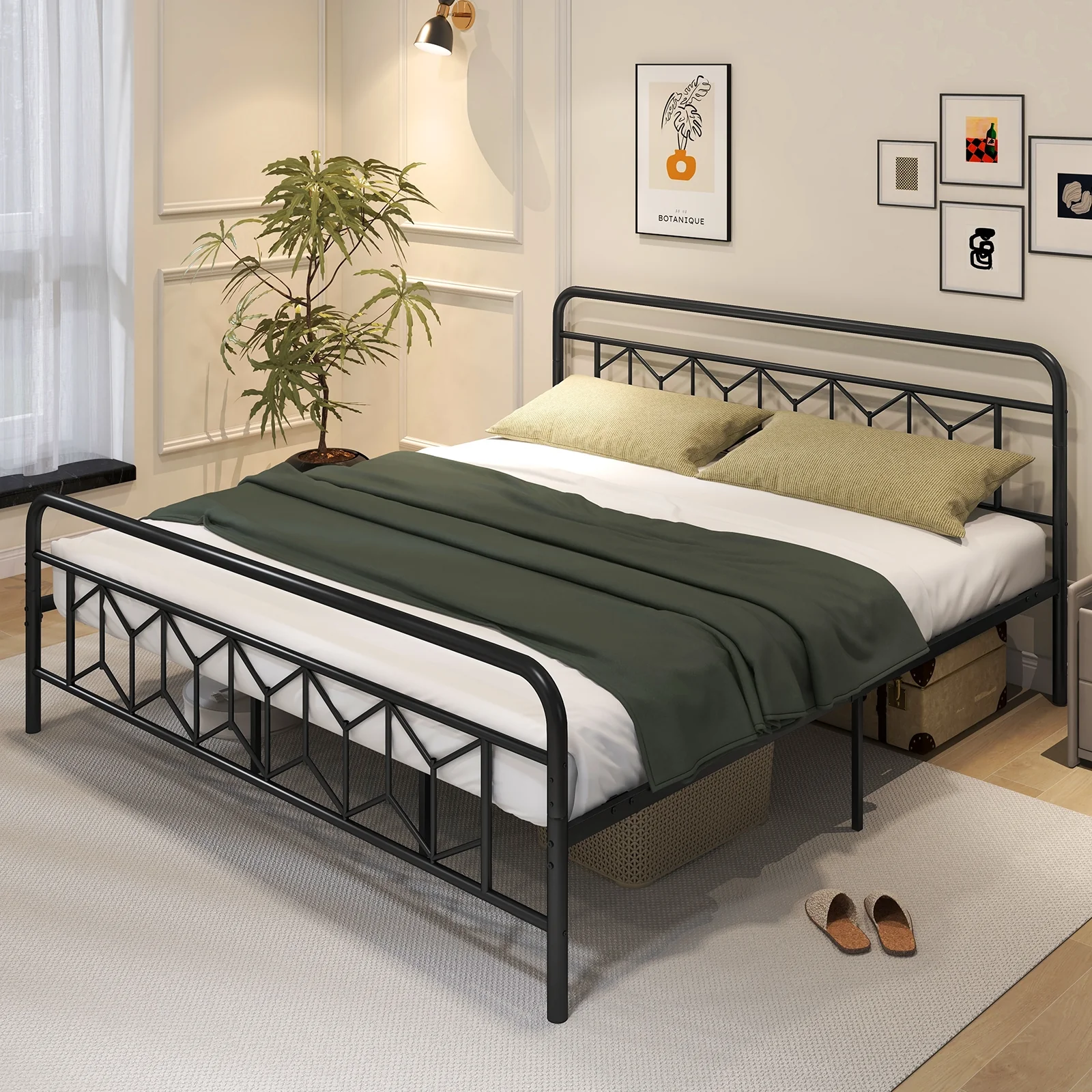 King Size Platform Bed, High Headboard, Metal Slats, Black - Image 6