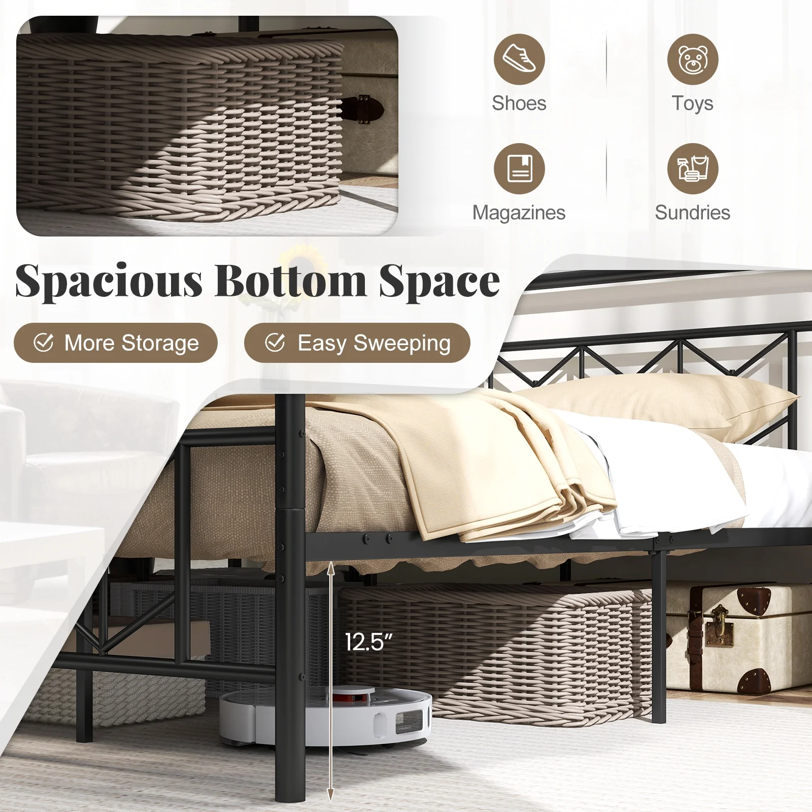 King Size Platform Bed, High Headboard, Metal Slats, Black - Image 7