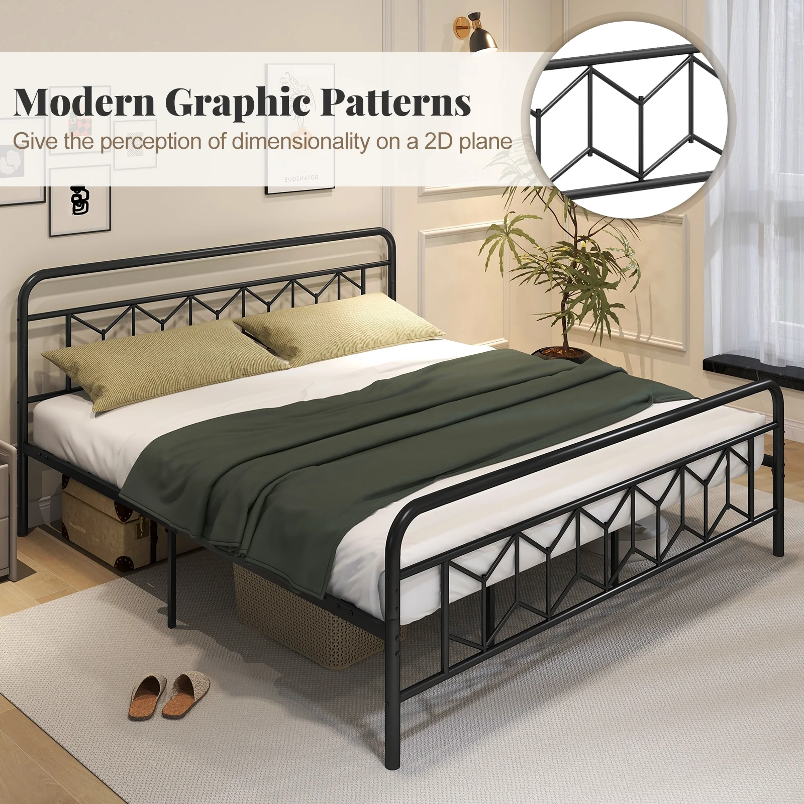 King Size Platform Bed, High Headboard, Metal Slats, Black - Image 8