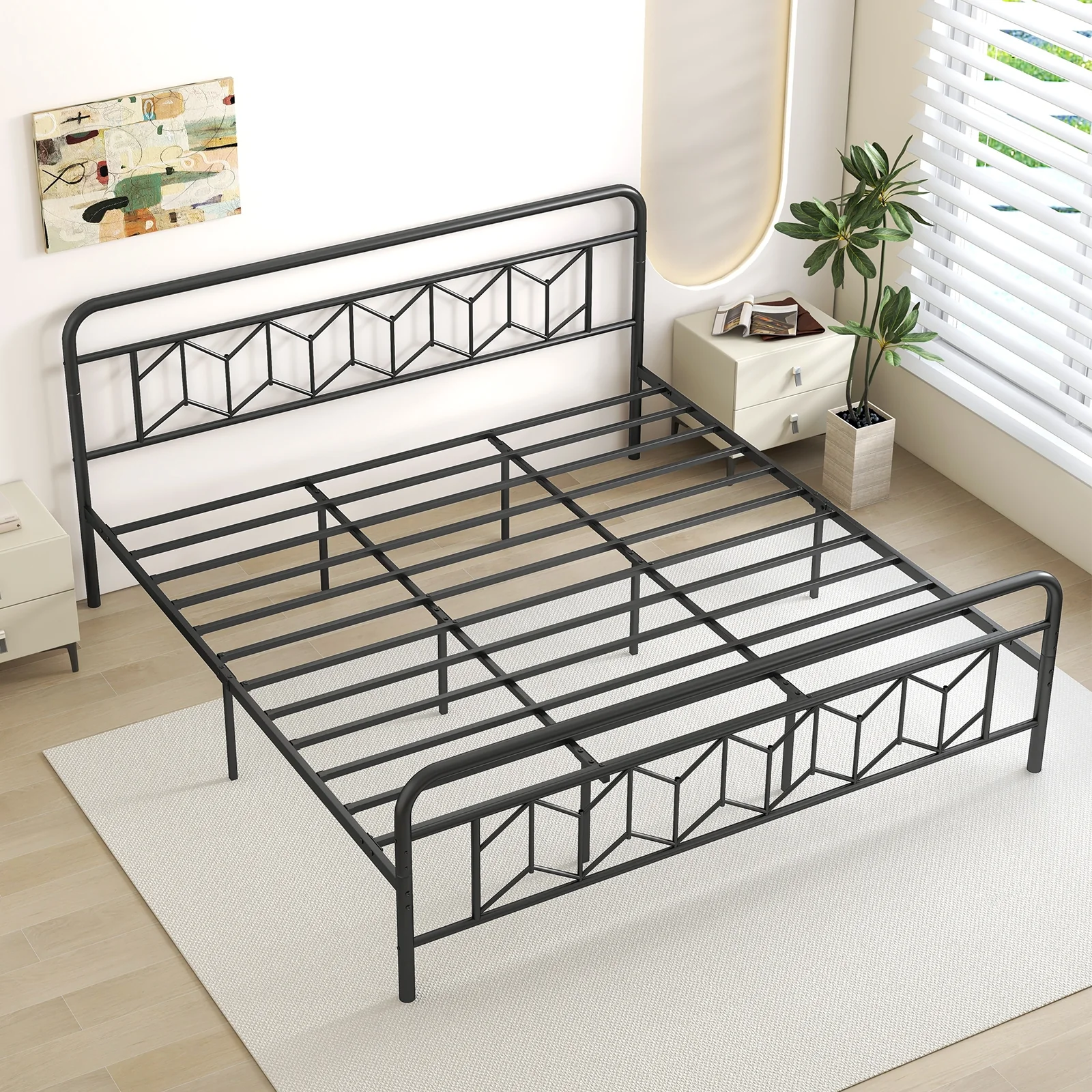 King Size Platform Bed, High Headboard, Metal Slats, Black - Image 9