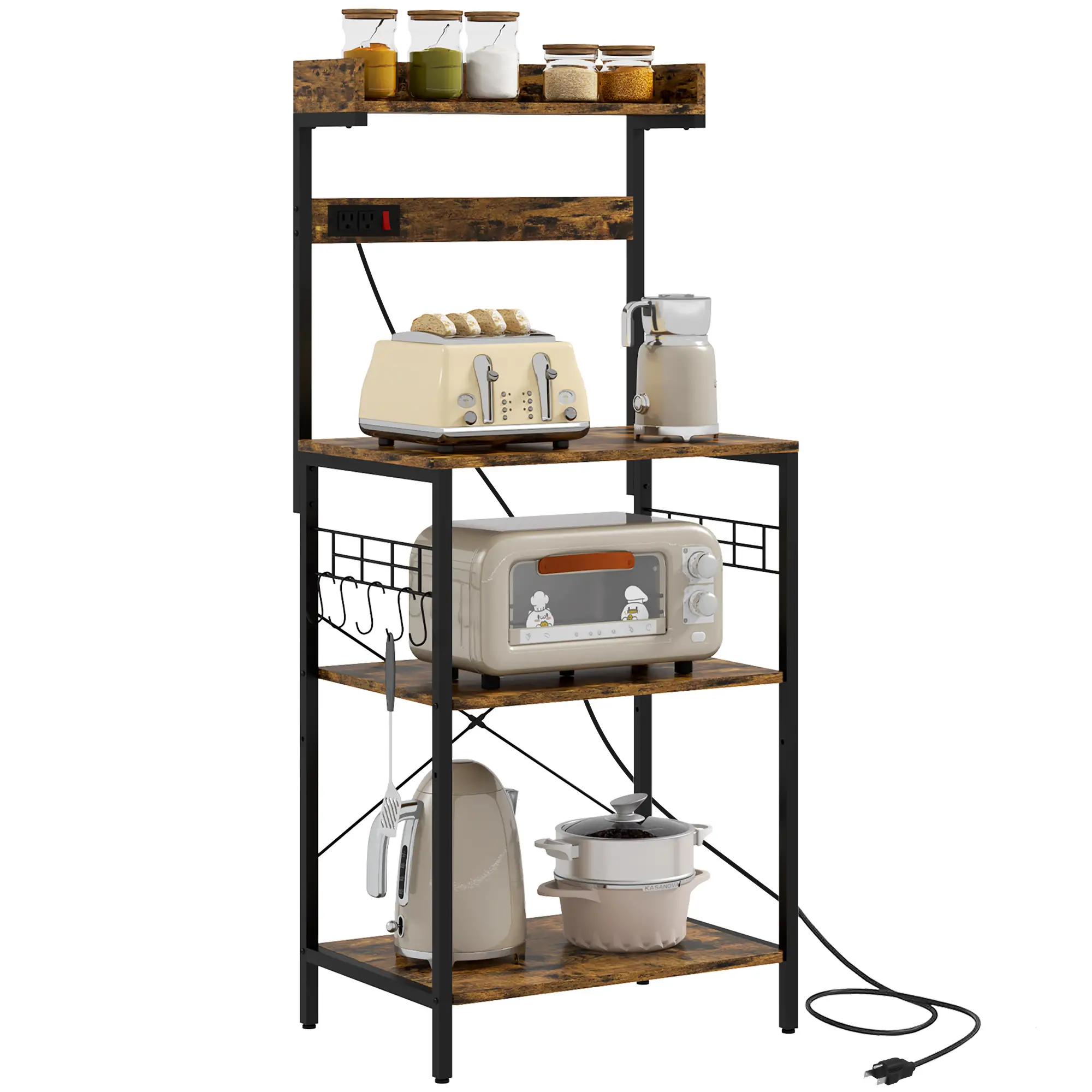 Kitchen Baker's Rack with Power Outlet, Adjustable Shelves, Rustic Brown, Brown - Image 11