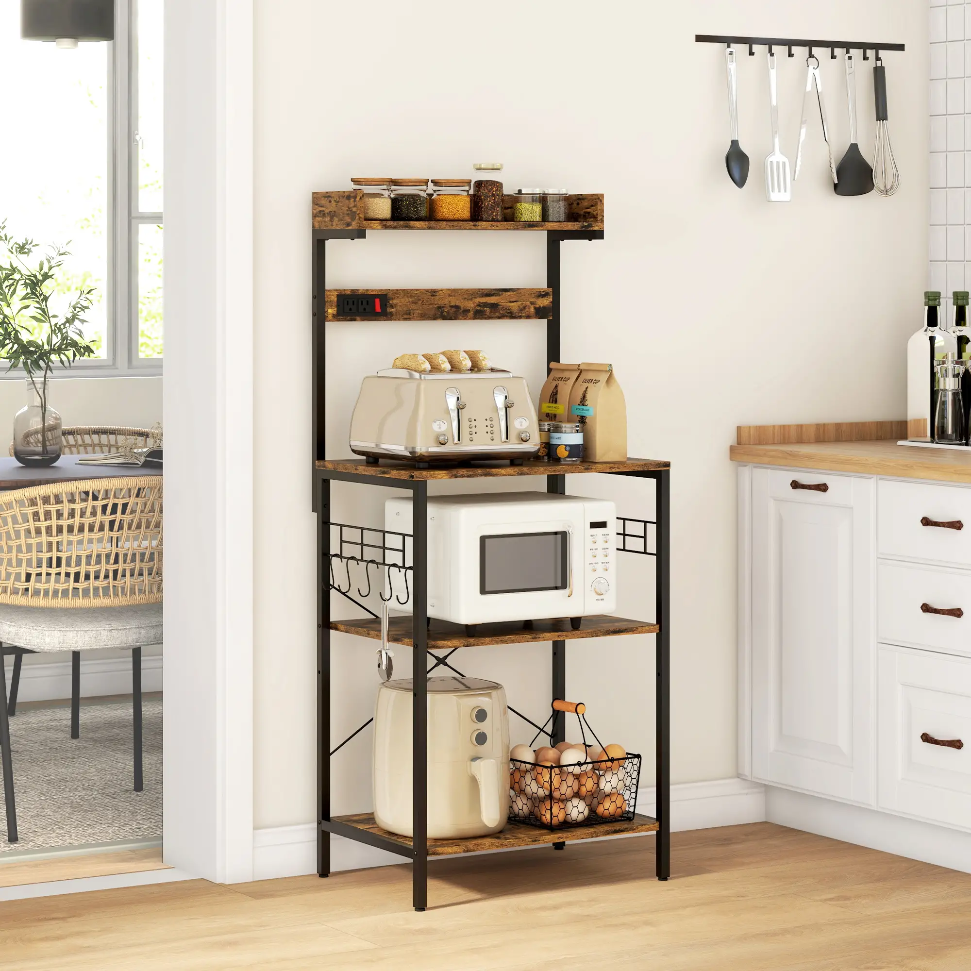 Kitchen Baker's Rack with Power Outlet, Adjustable Shelves, Rustic Brown, Brown - Image 2