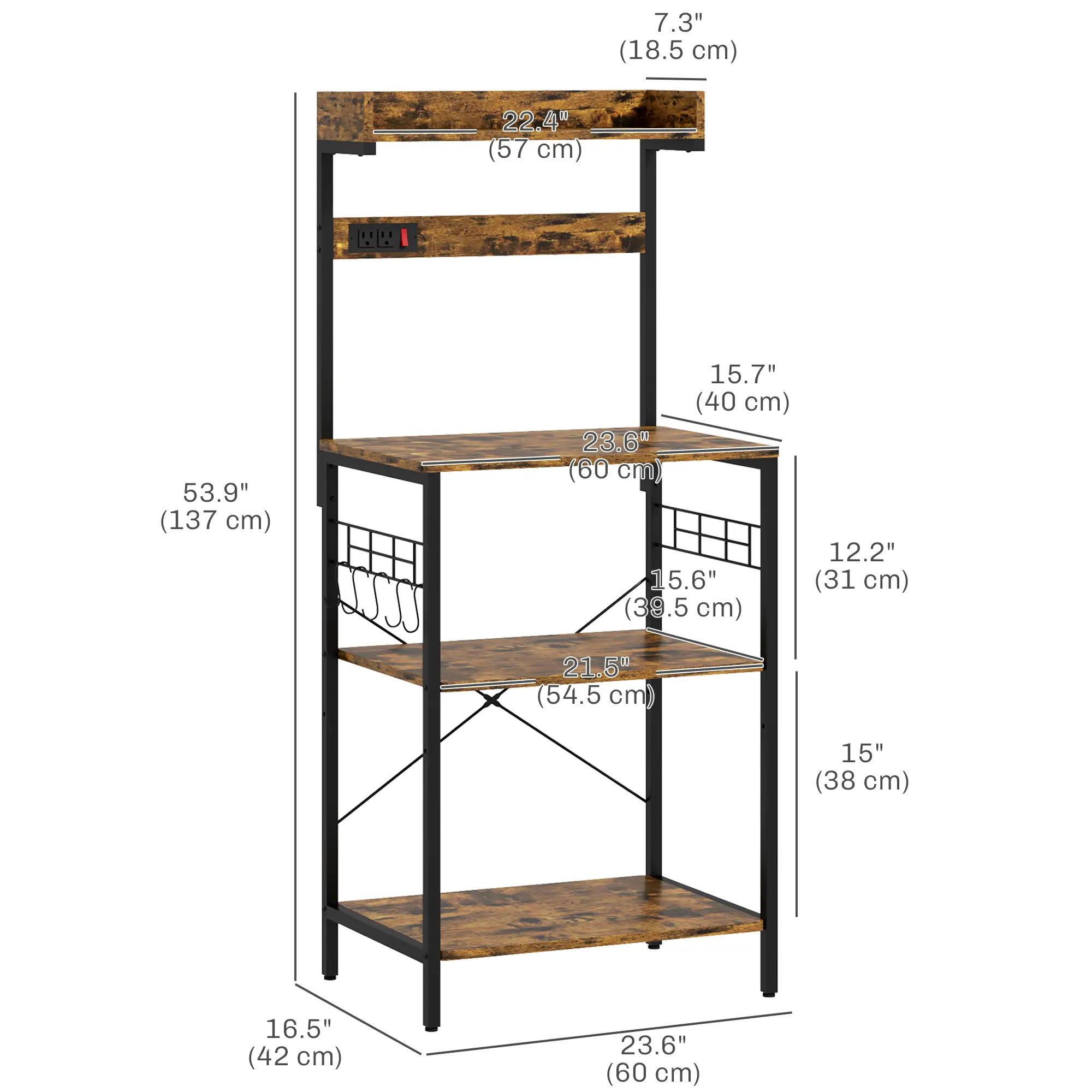 Kitchen Baker's Rack with Power Outlet, Adjustable Shelves, Rustic Brown, Brown - Image 3