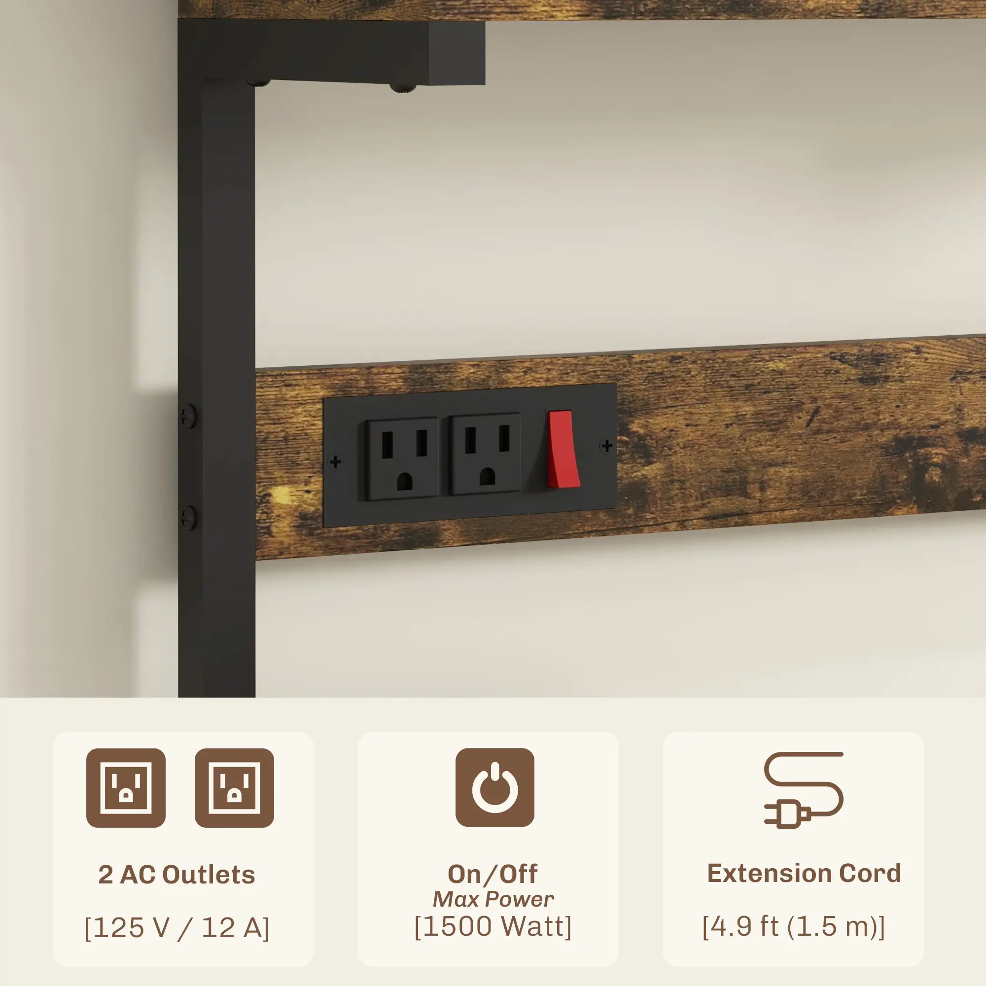 Kitchen Baker's Rack with Power Outlet, Adjustable Shelves, Rustic Brown, Brown - Image 4