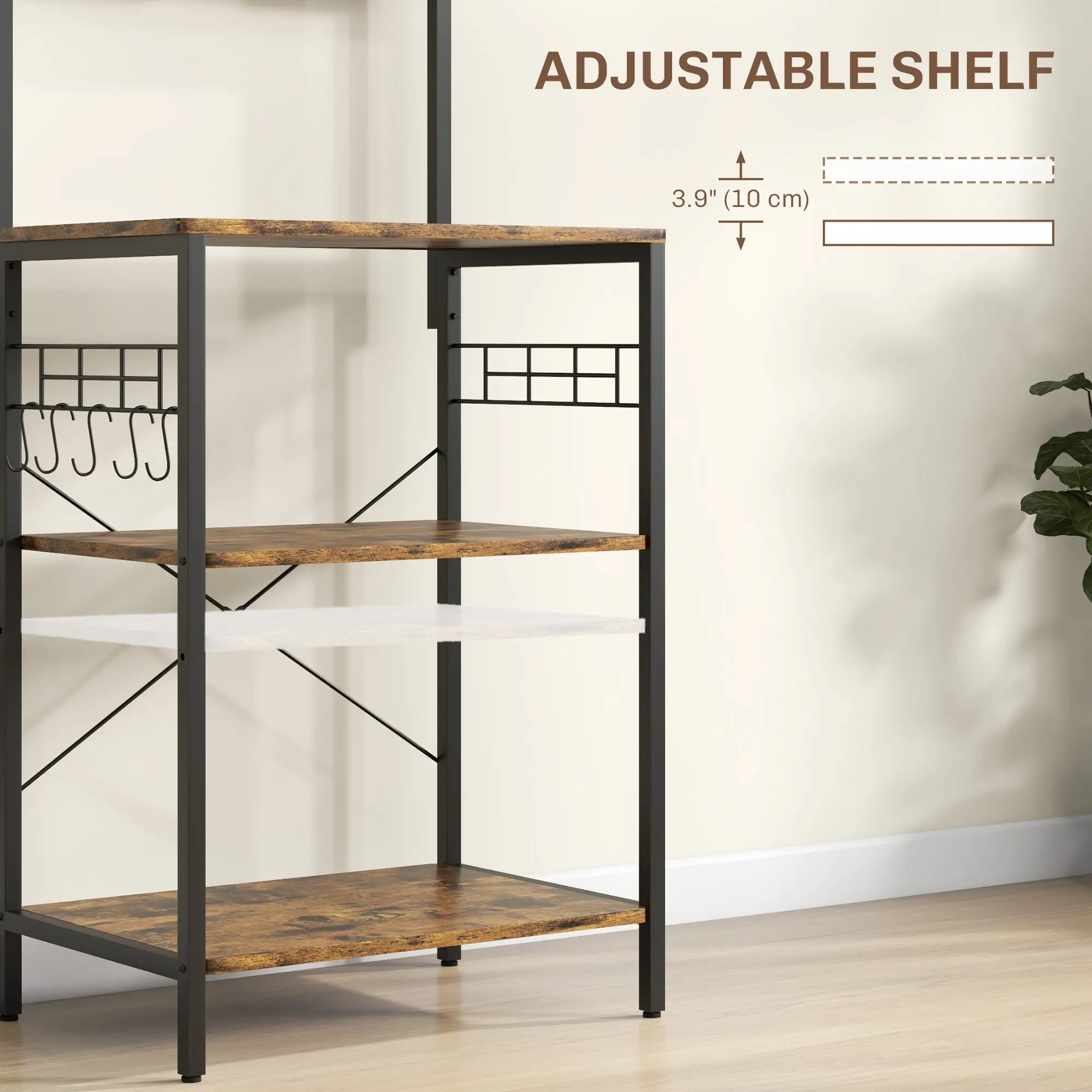 Kitchen Baker's Rack with Power Outlet, Adjustable Shelves, Rustic Brown, Brown - Image 5