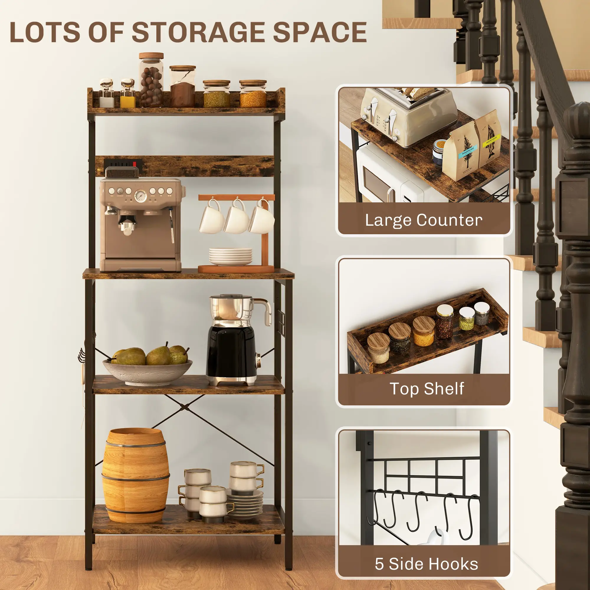 Kitchen Baker's Rack with Power Outlet, Adjustable Shelves, Rustic Brown, Brown - Image 6