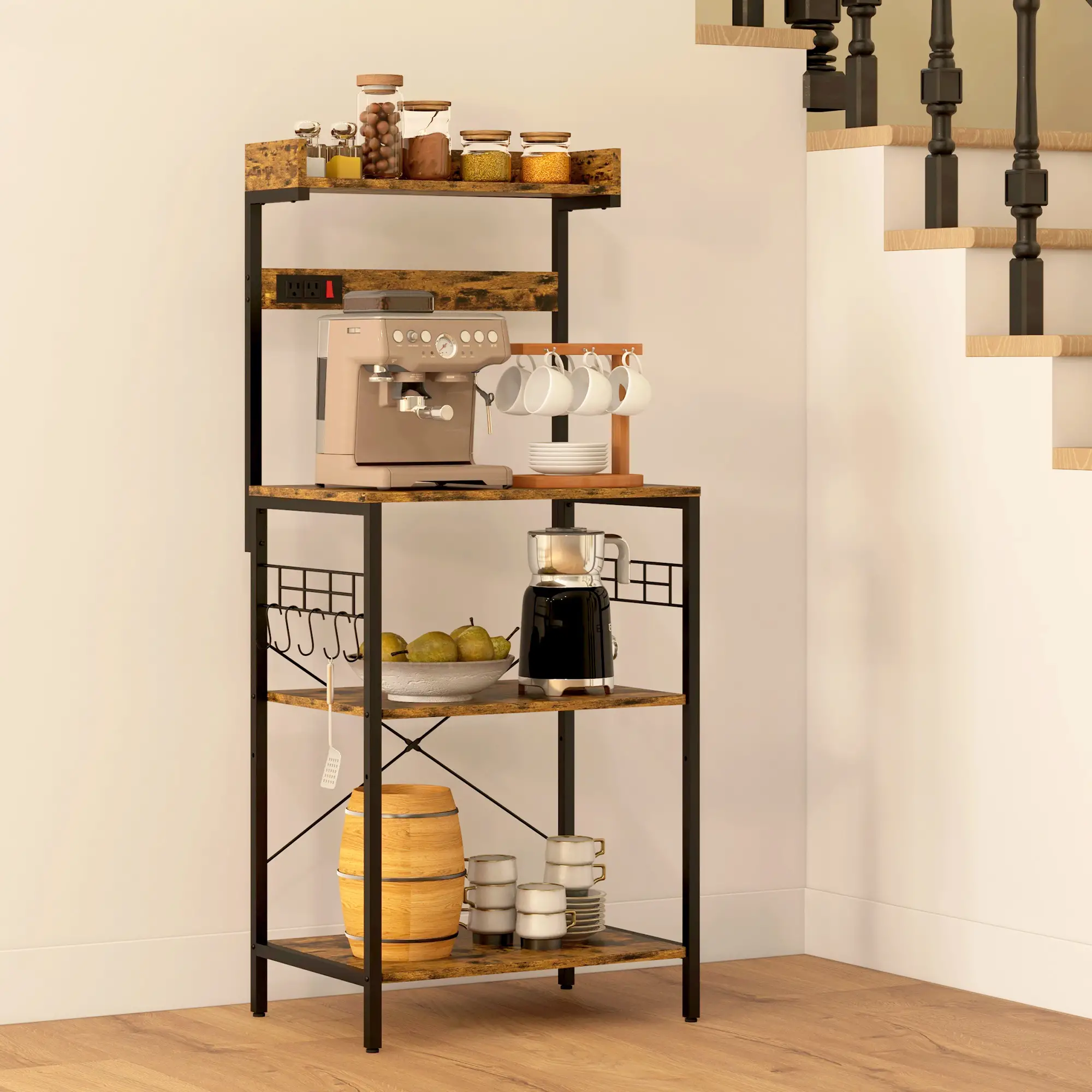 Kitchen Baker's Rack with Power Outlet, Adjustable Shelves, Rustic Brown, Brown - Image 8