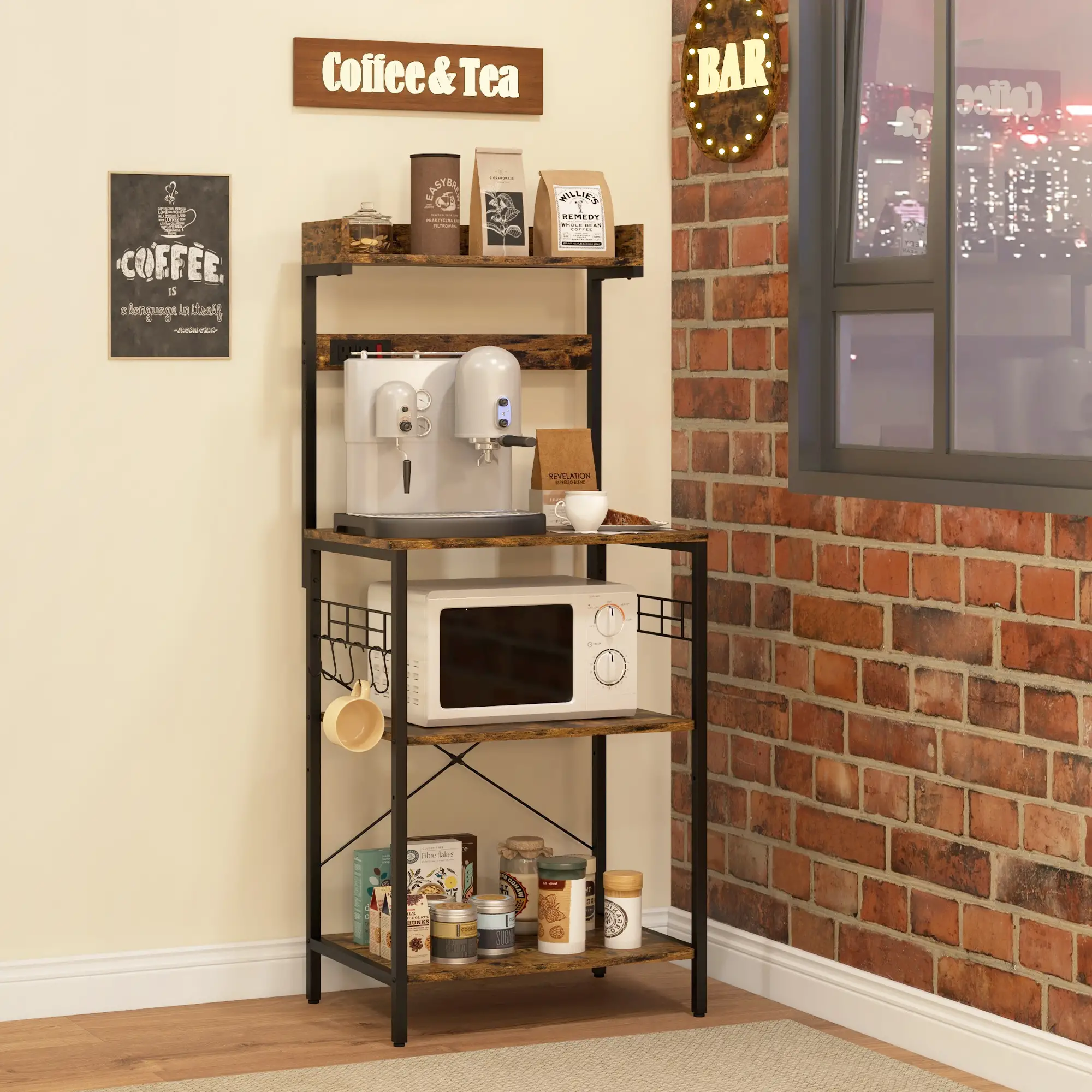 Kitchen Baker's Rack with Power Outlet, Adjustable Shelves, Rustic Brown, Brown - Image 9
