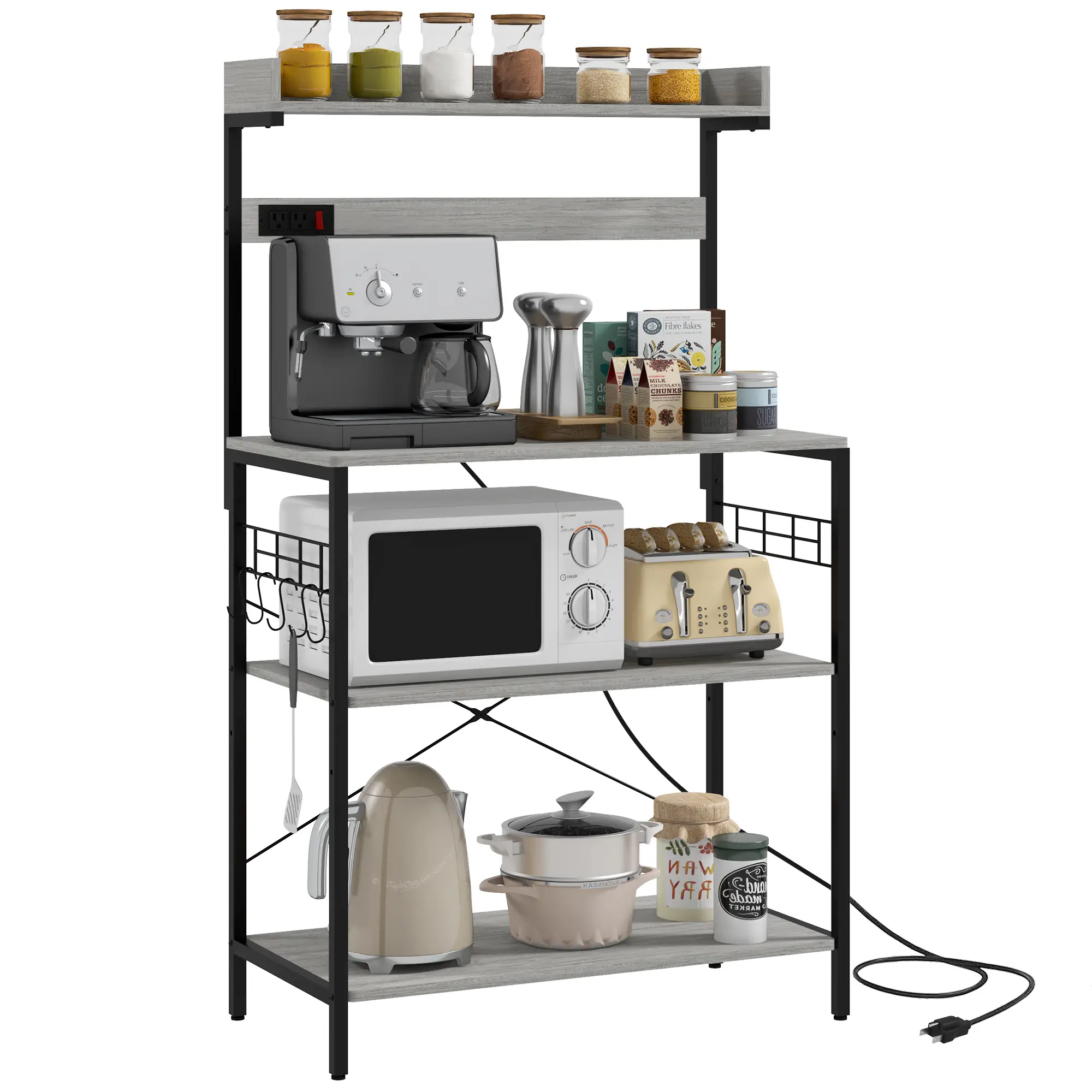 Kitchen Baker's Rack with Power Outlet, Coffee Bar Station with Adjustable Shelves and Hooks, Distressed Grey - Image 11