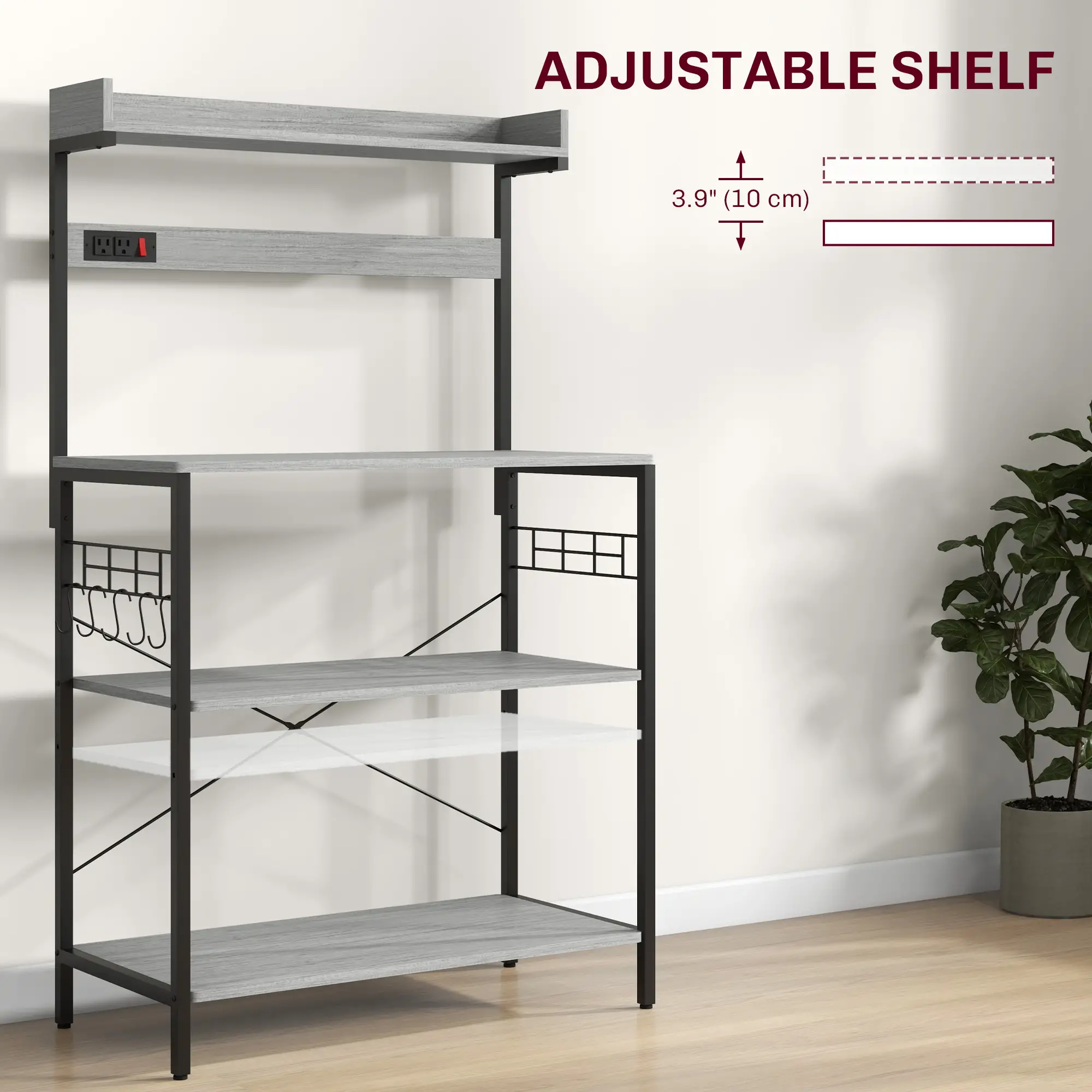 Kitchen Baker's Rack with Power Outlet, Coffee Bar Station with Adjustable Shelves and Hooks, Distressed Grey - Image 5