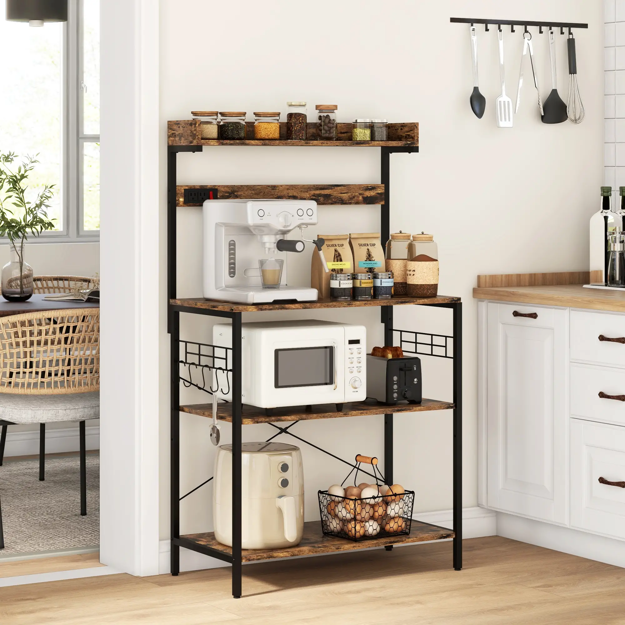 Kitchen Baker's Rack with Power Outlet, Coffee Bar Station with Adjustable Shelves and Hooks, Rustic Brown - Image 2