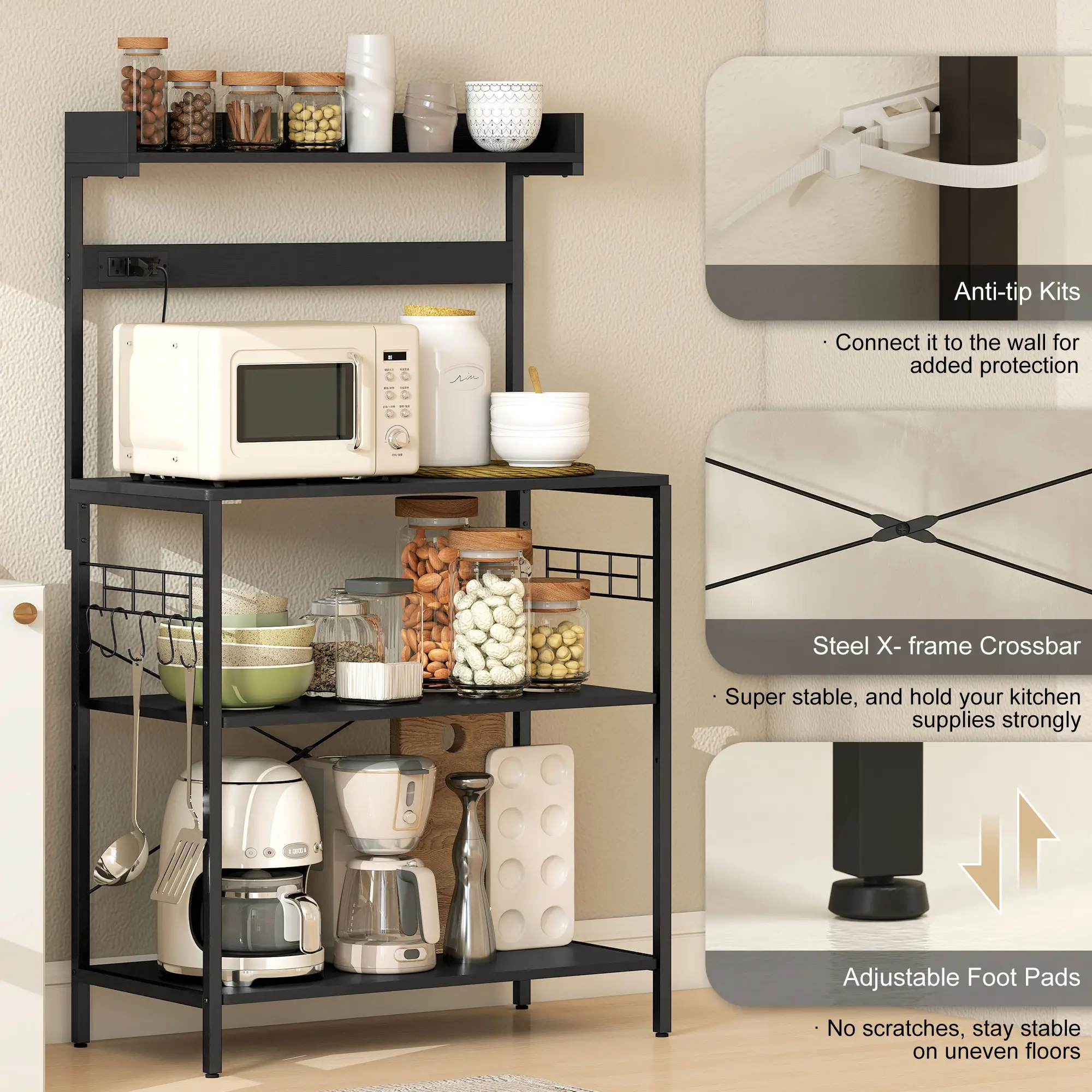 Kitchen Baker's Rack with Power Outlet, Coffee Bar Station with Adjustable Shelves and Hooks, Rustic Brown - Image 7
