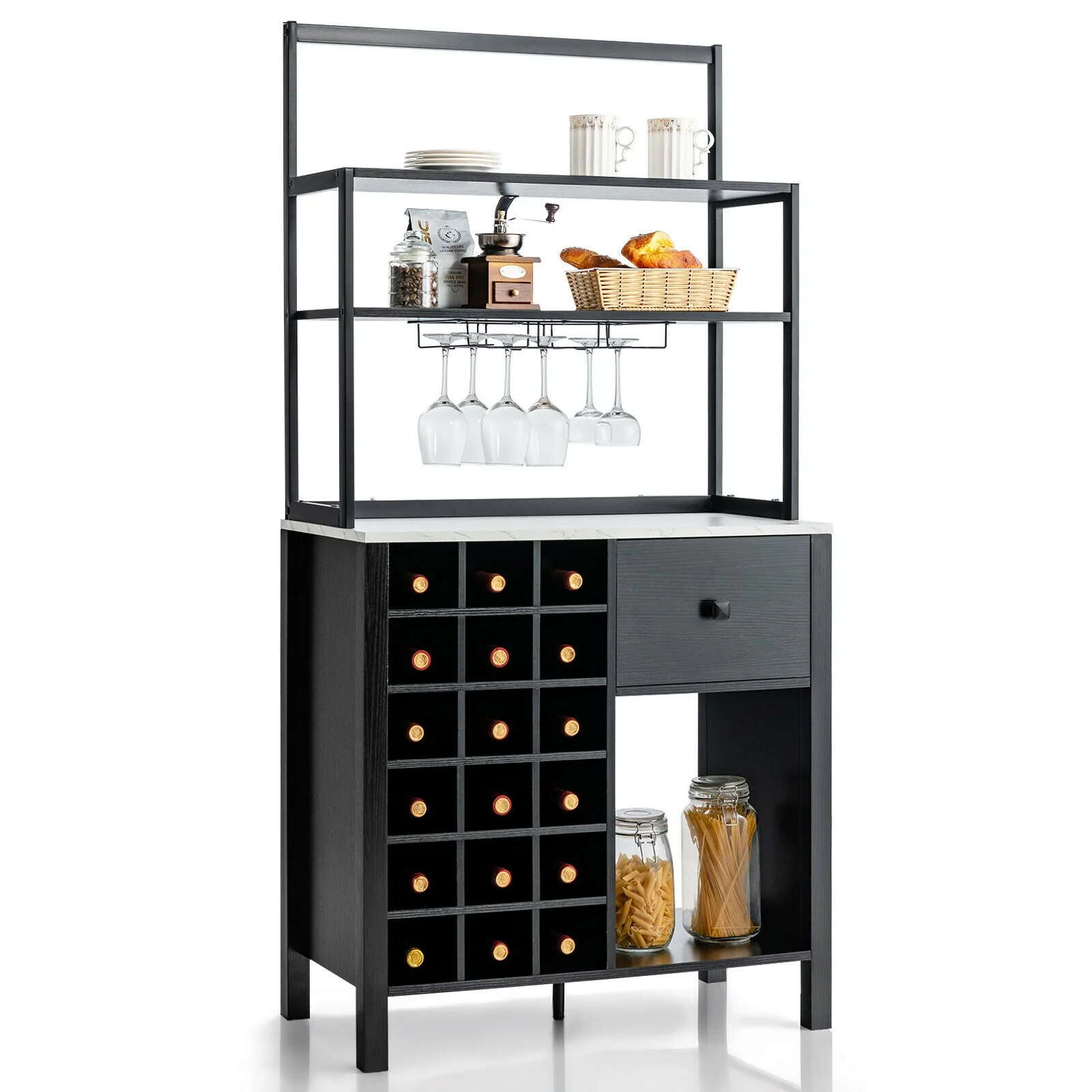 Kitchen Bakers Rack With Wine Rack, Glass Holder, Drawer, Black