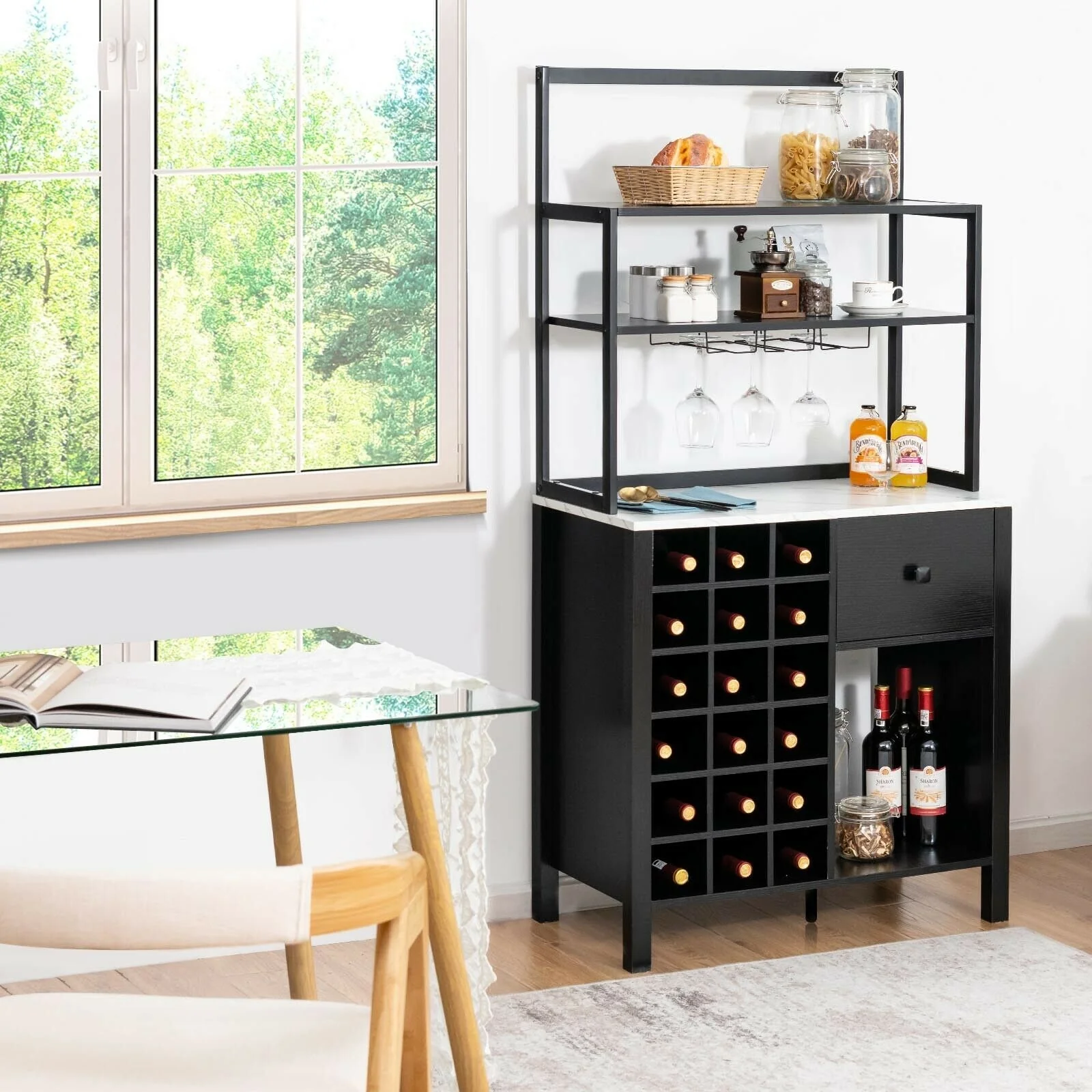 Kitchen Bakers Rack With Wine Rack, Glass Holder, Drawer, Black - Image 2