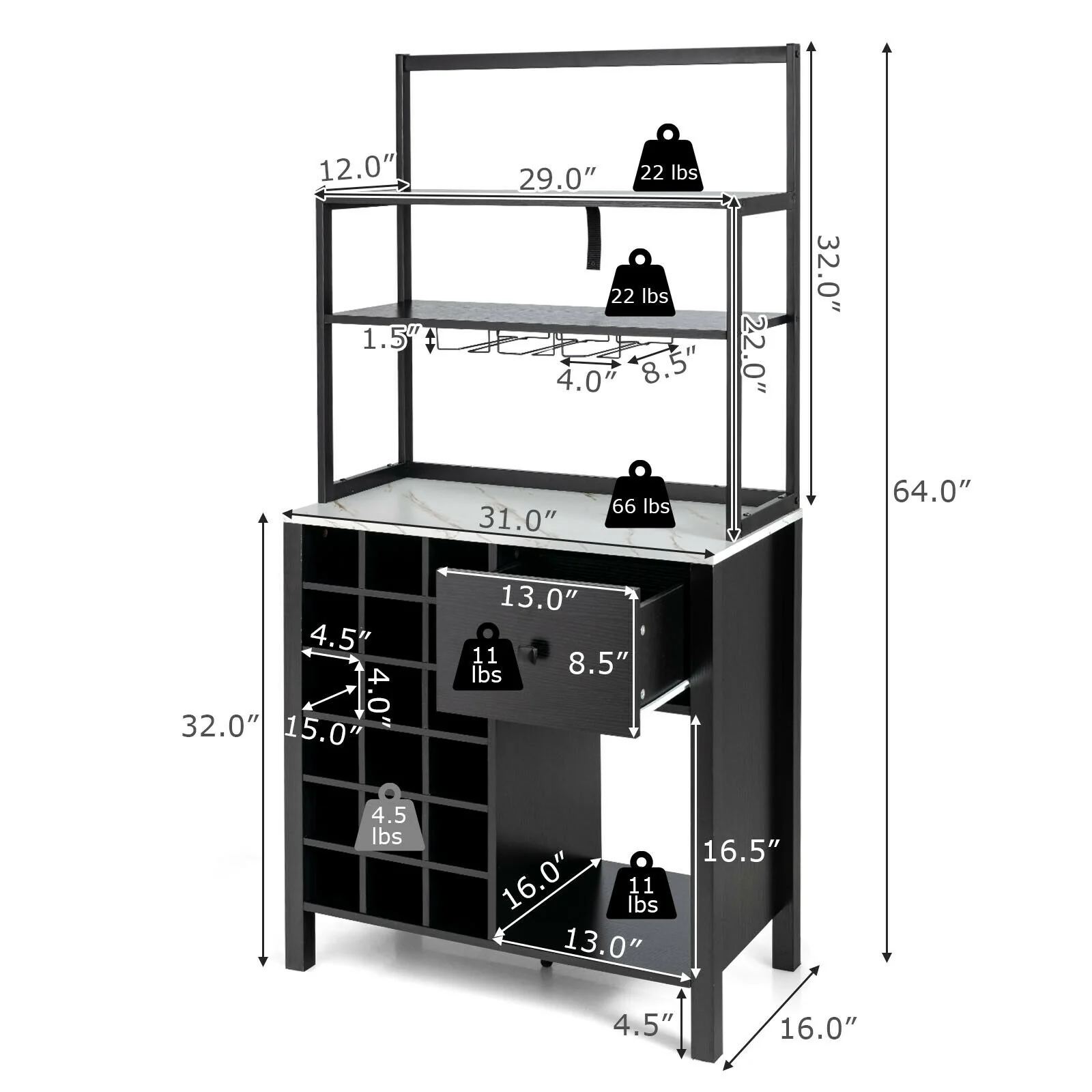 Kitchen Bakers Rack With Wine Rack, Glass Holder, Drawer, Black - Image 5