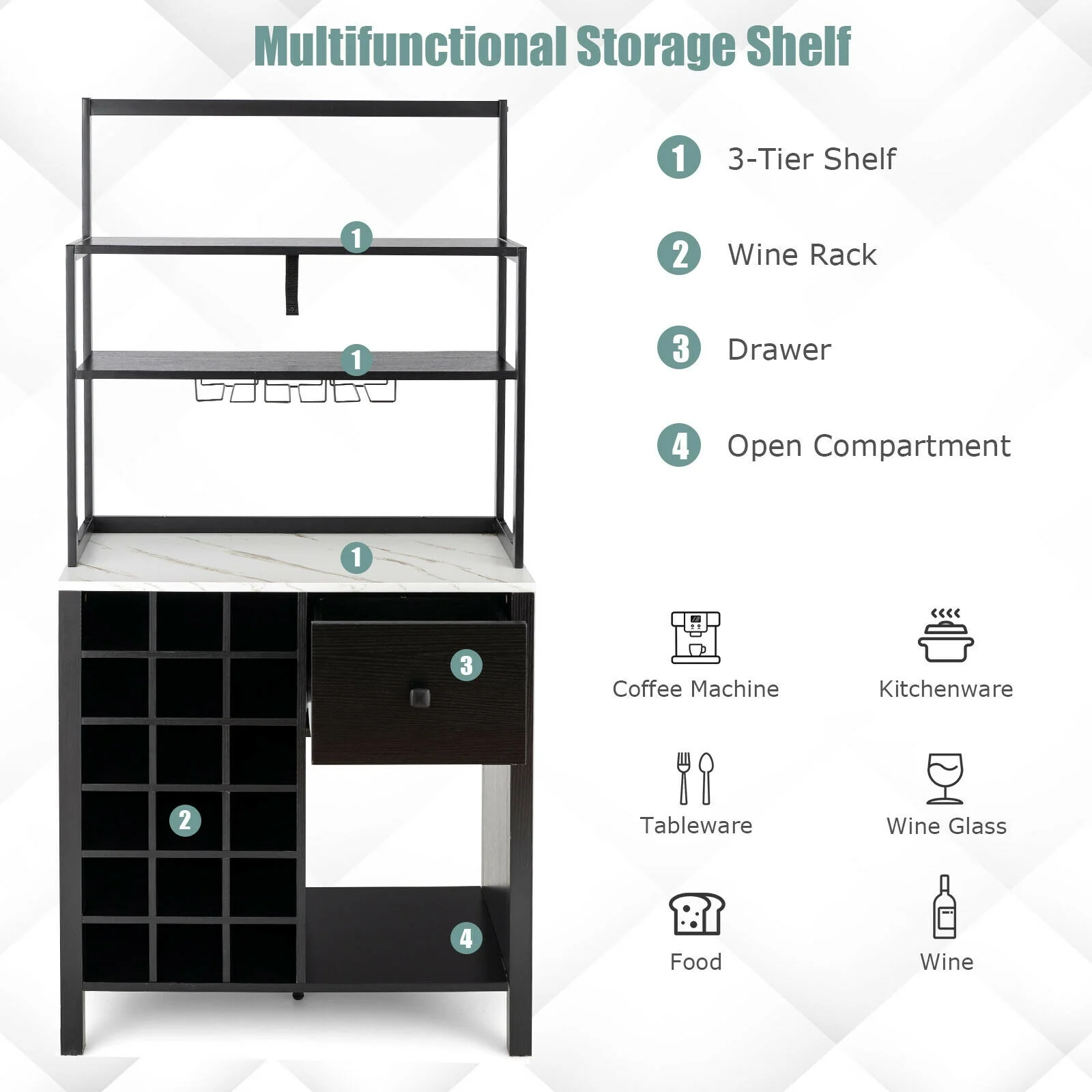 Kitchen Bakers Rack With Wine Rack, Glass Holder, Drawer, Black - Image 6