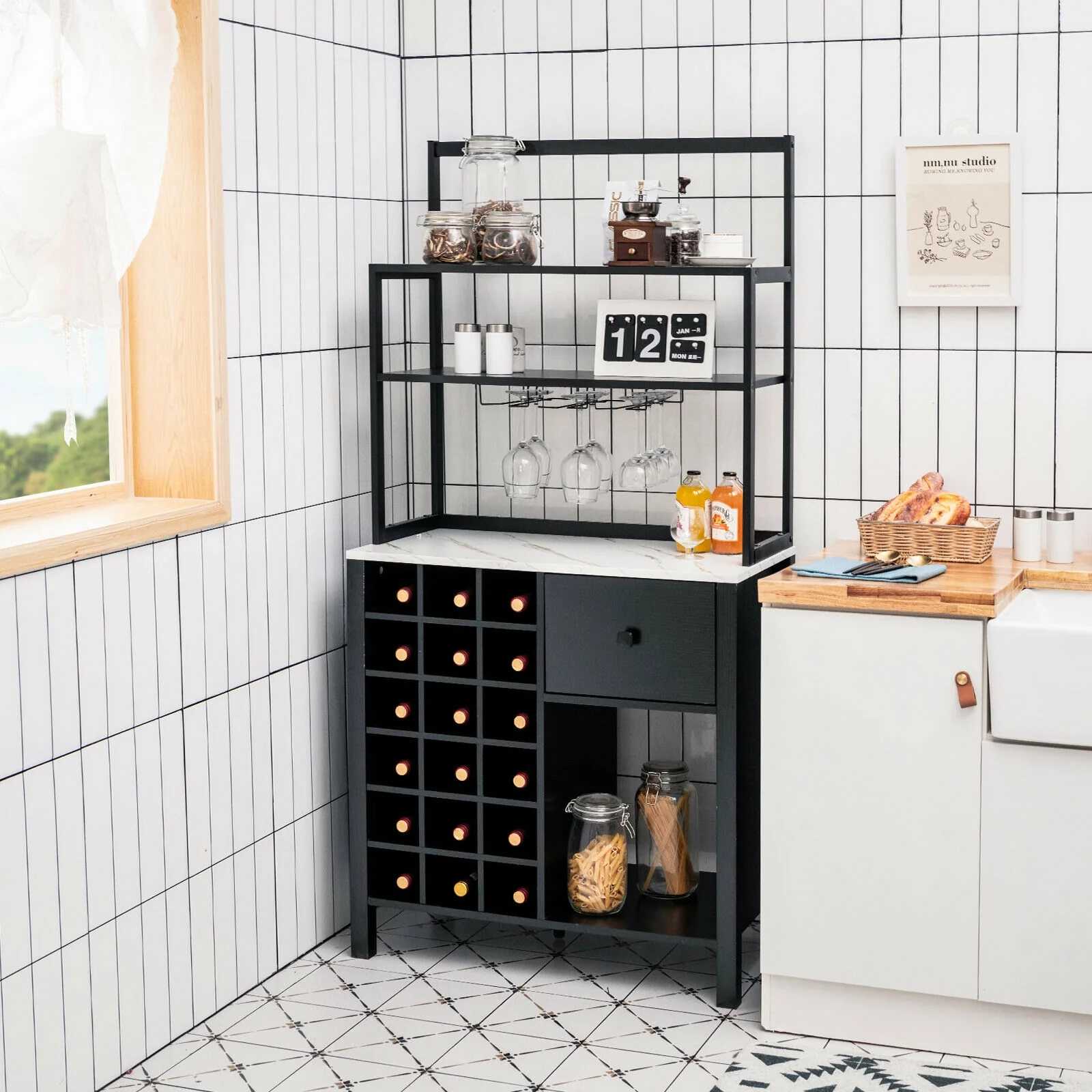Kitchen Bakers Rack With Wine Rack, Glass Holder, Drawer, Black - Image 7