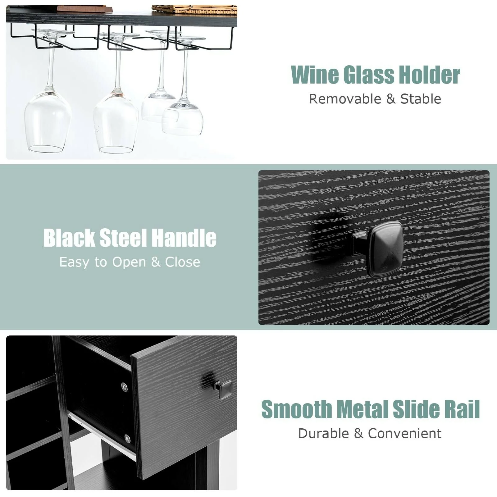 Kitchen Bakers Rack With Wine Rack, Glass Holder, Drawer, Black - Image 9