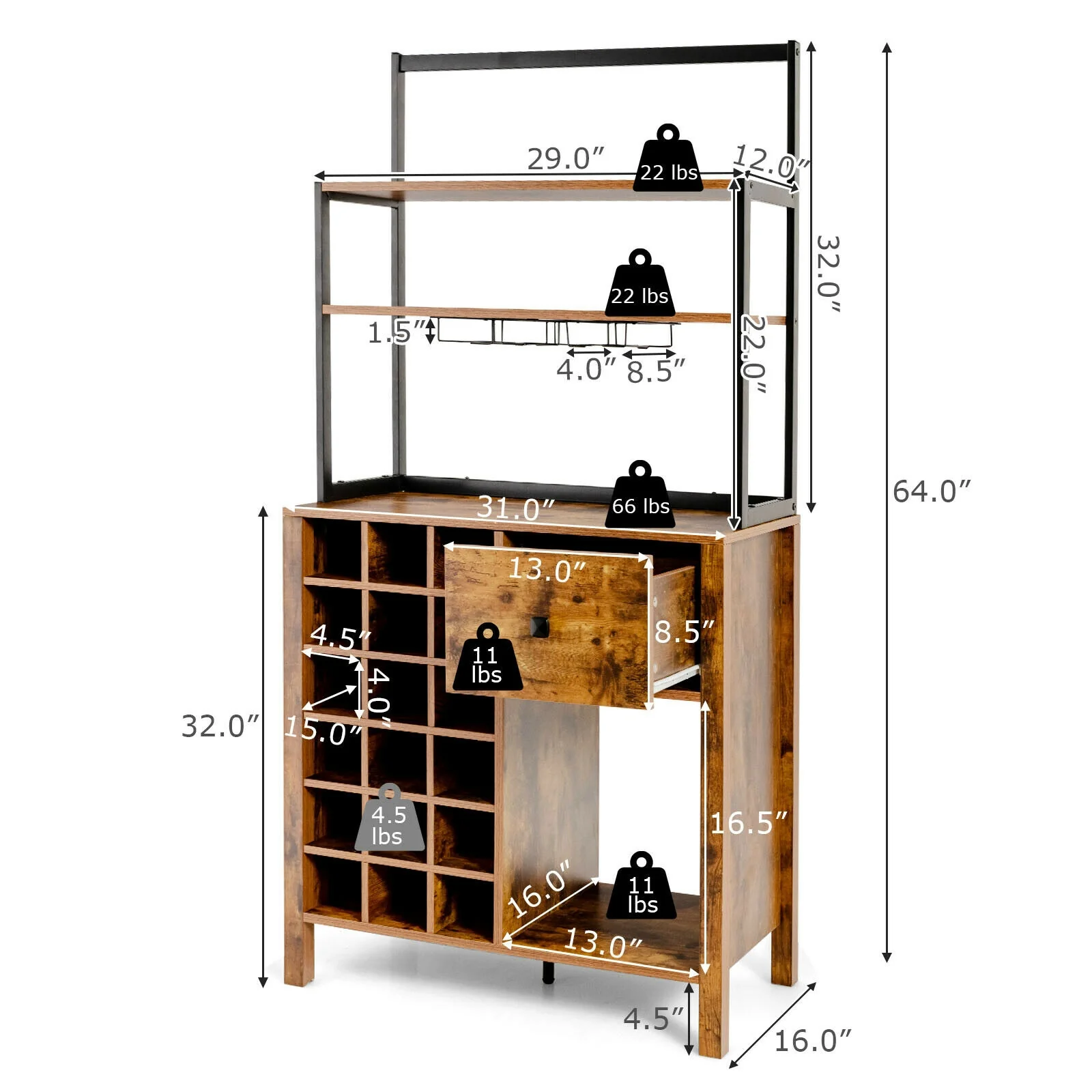 Kitchen Bakers Rack With Wine Rack, Glass Holder, Drawer, Rustic Brown - Image 5