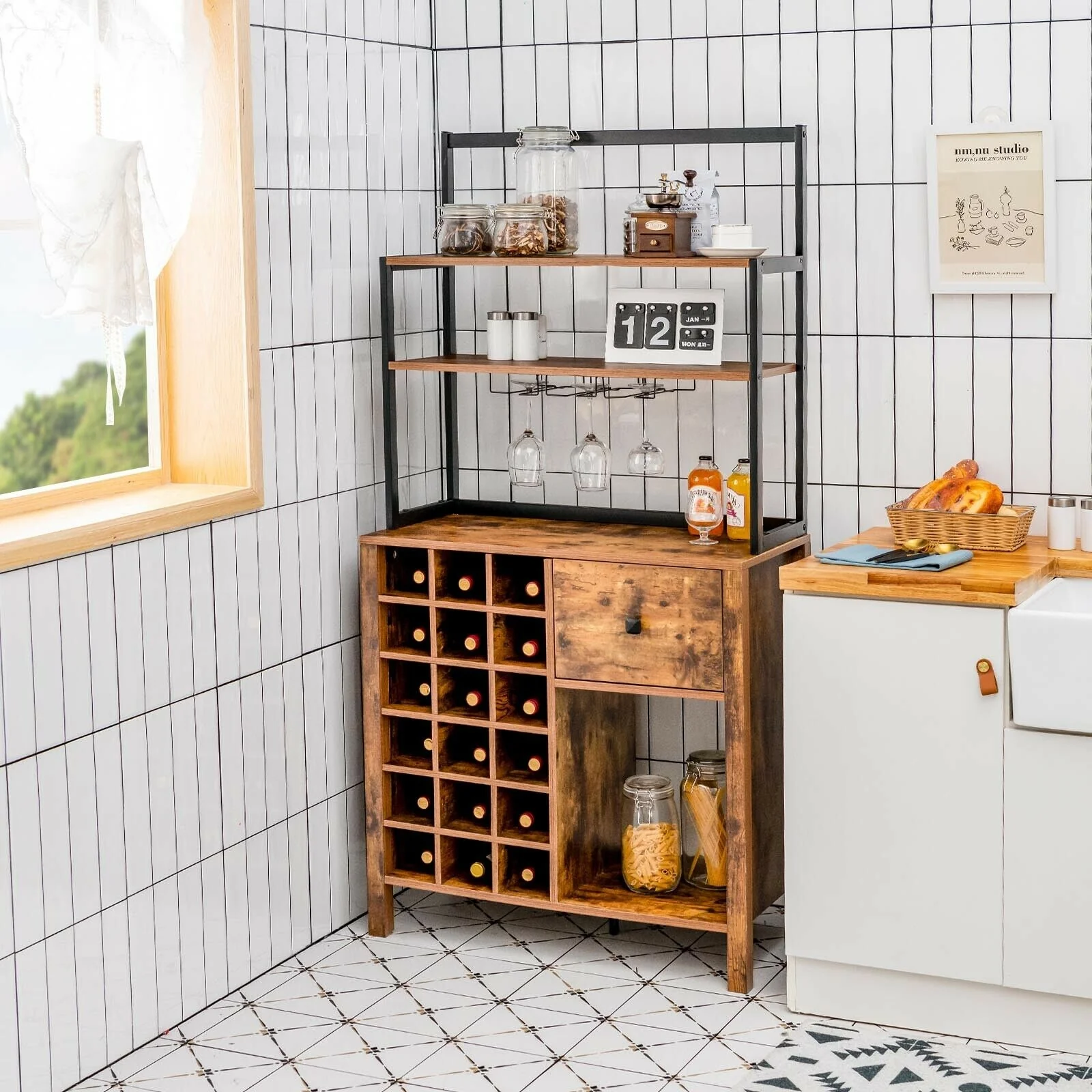 Kitchen Bakers Rack With Wine Rack, Glass Holder, Drawer, Rustic Brown - Image 7