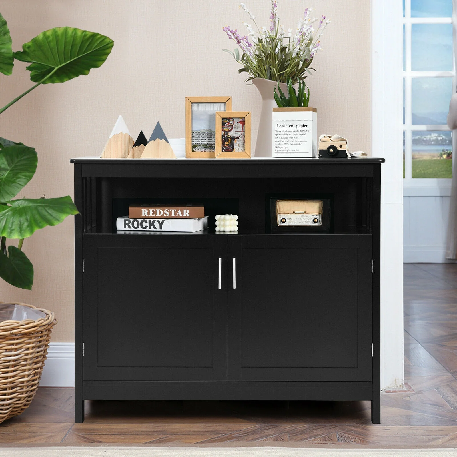 Kitchen Buffet Server Sideboard, Storage Cabinet, 2 Doors, Shelf, Black - Image 10