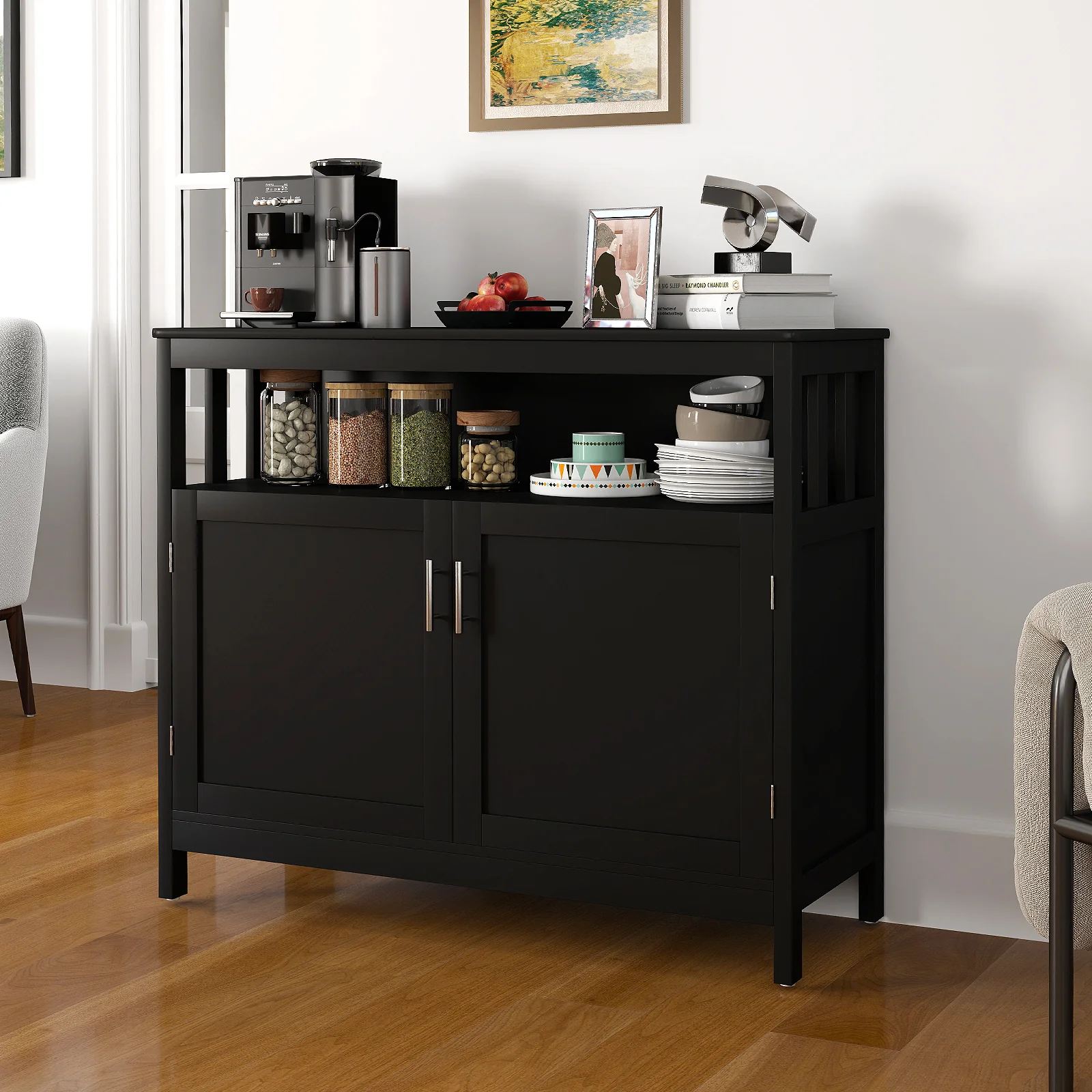 Kitchen Buffet Server Sideboard, Storage Cabinet, 2 Doors, Shelf, Black - Image 2