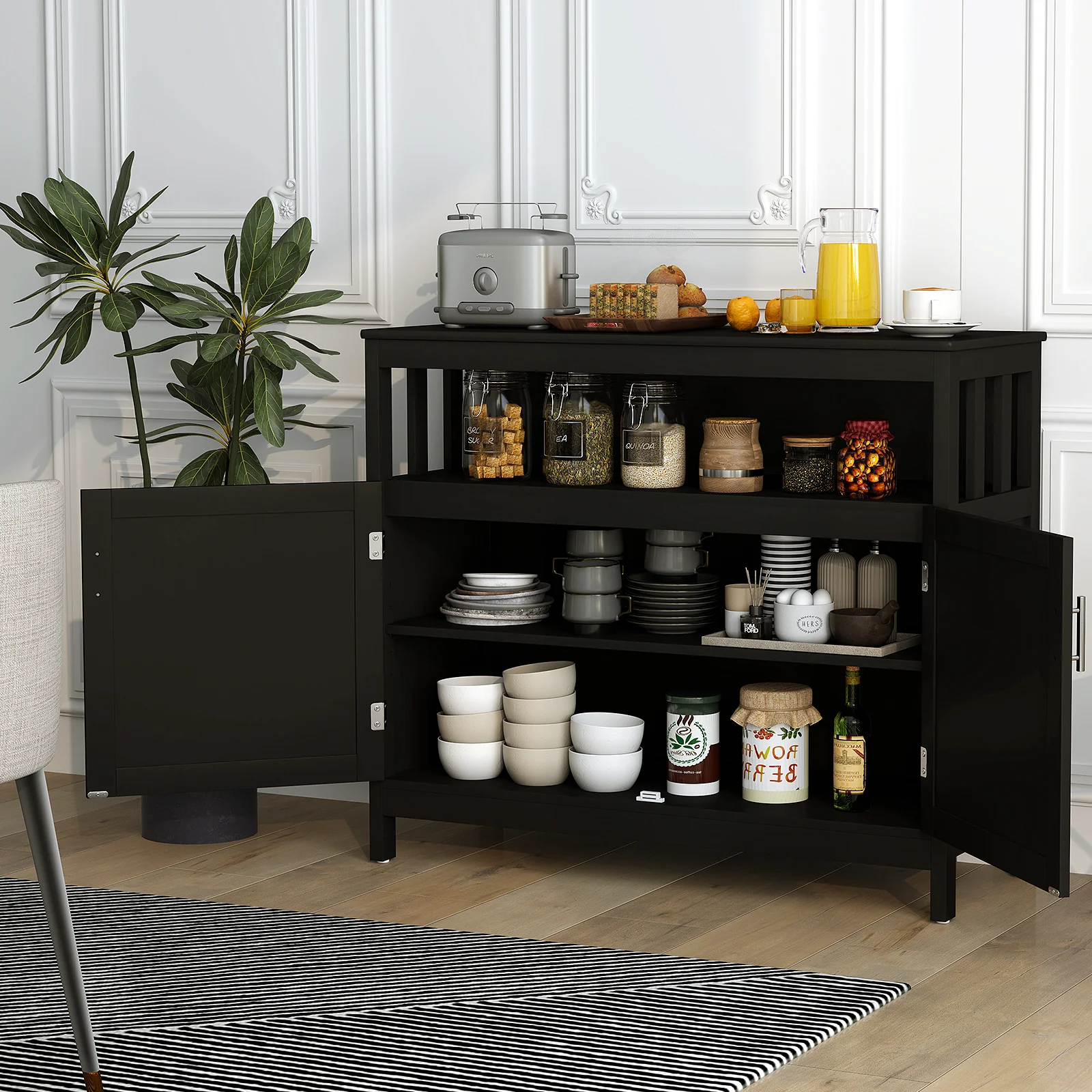 Kitchen Buffet Server Sideboard, Storage Cabinet, 2 Doors, Shelf, Black - Image 3