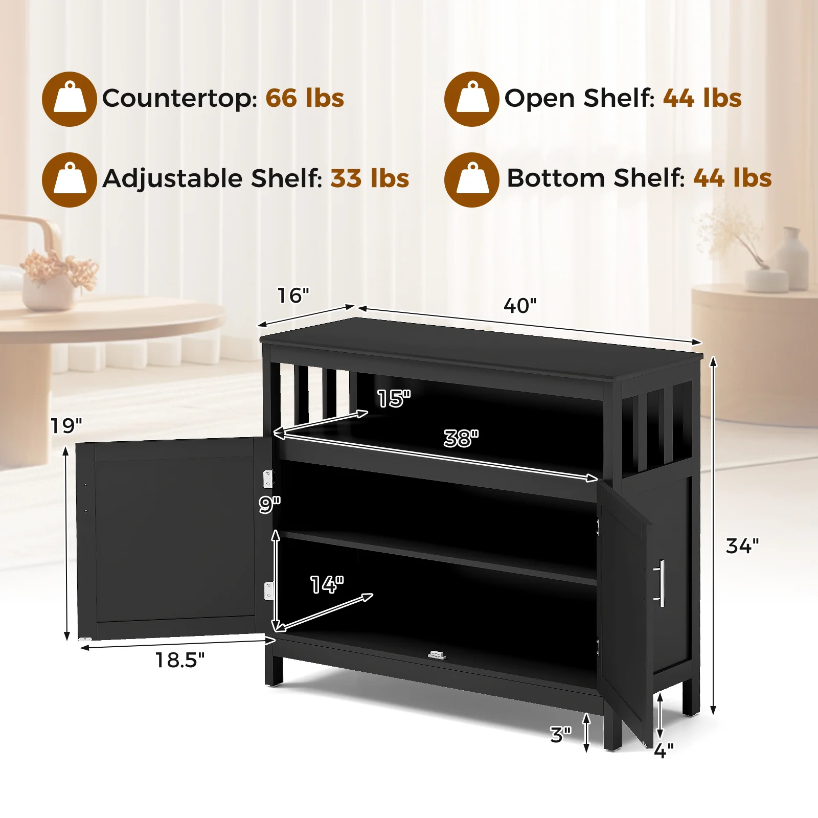 Kitchen Buffet Server Sideboard, Storage Cabinet, 2 Doors, Shelf, Black - Image 6