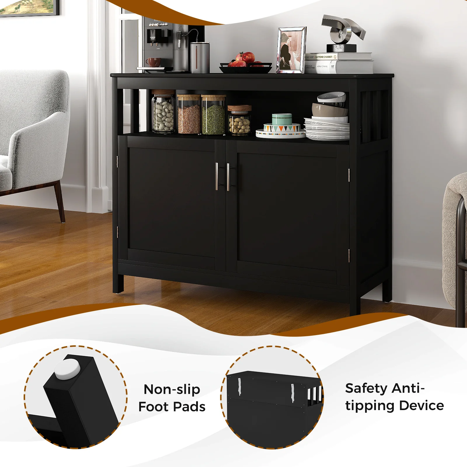 Kitchen Buffet Server Sideboard, Storage Cabinet, 2 Doors, Shelf, Black - Image 7