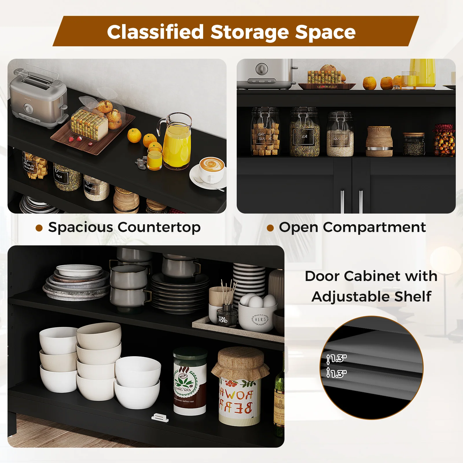 Kitchen Buffet Server Sideboard, Storage Cabinet, 2 Doors, Shelf, Black - Image 8