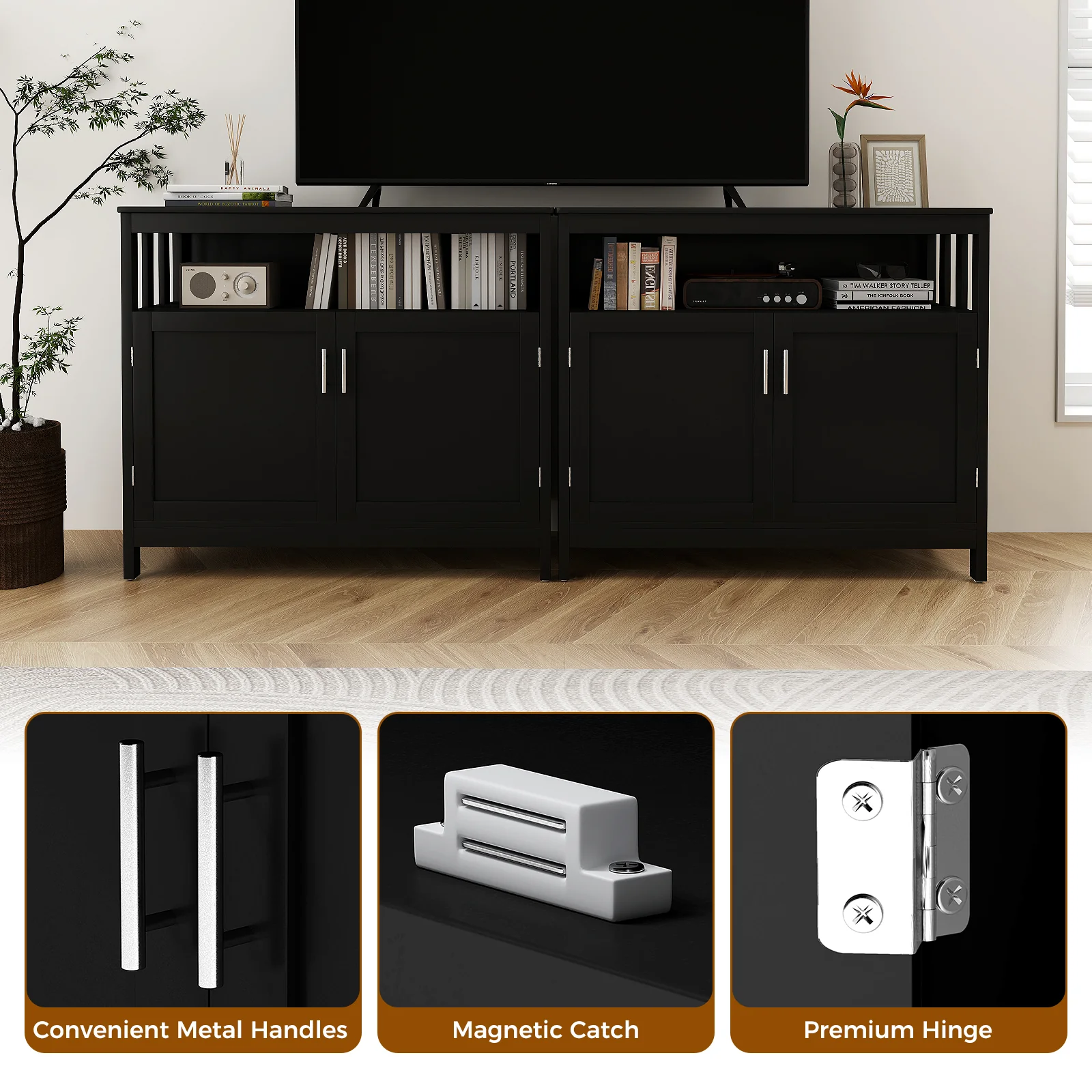 Kitchen Buffet Server Sideboard, Storage Cabinet, 2 Doors, Shelf, Black - Image 9
