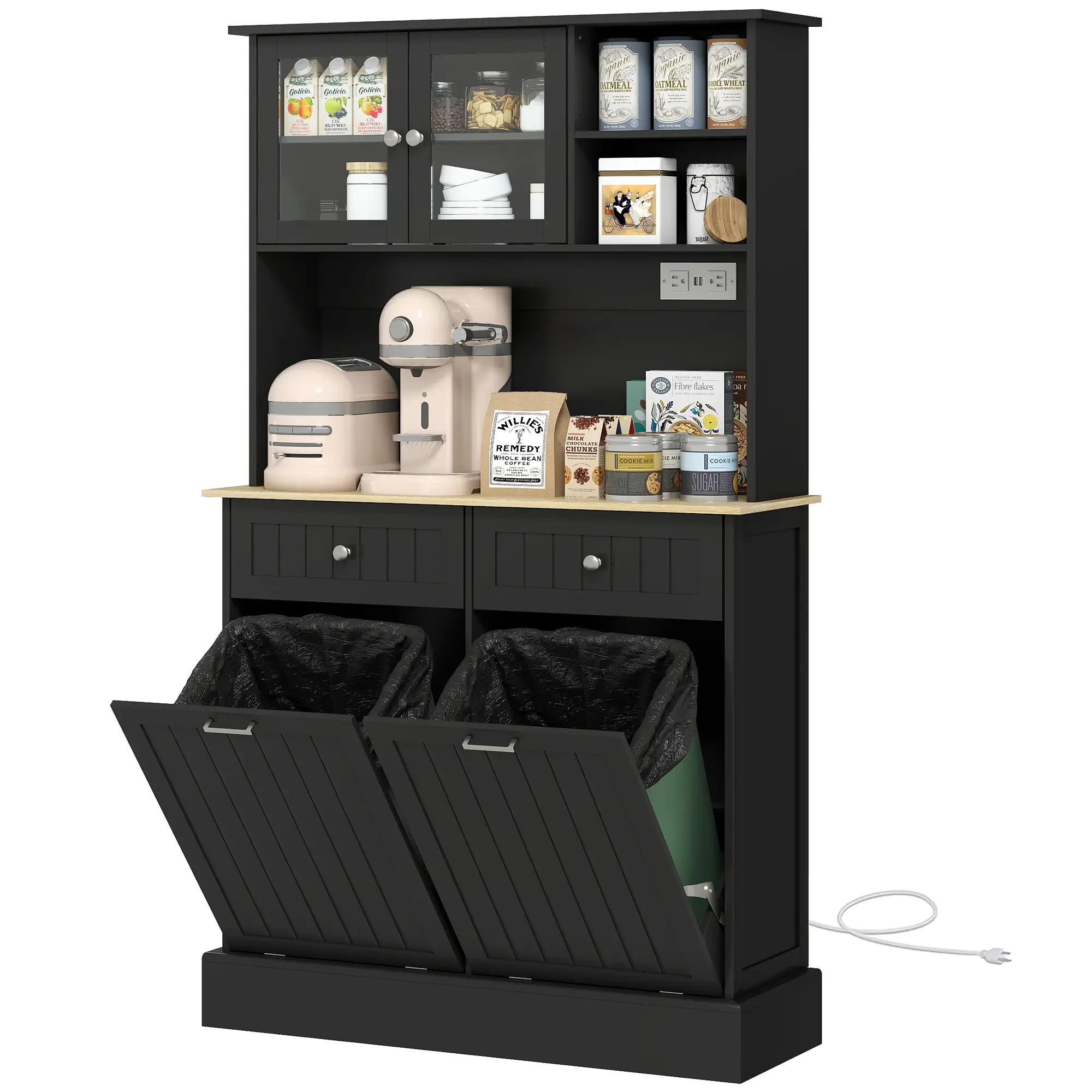 Kitchen Cabinet with Charging Station, 2 Tilt Out Cabinets, Microwave Stand, Black