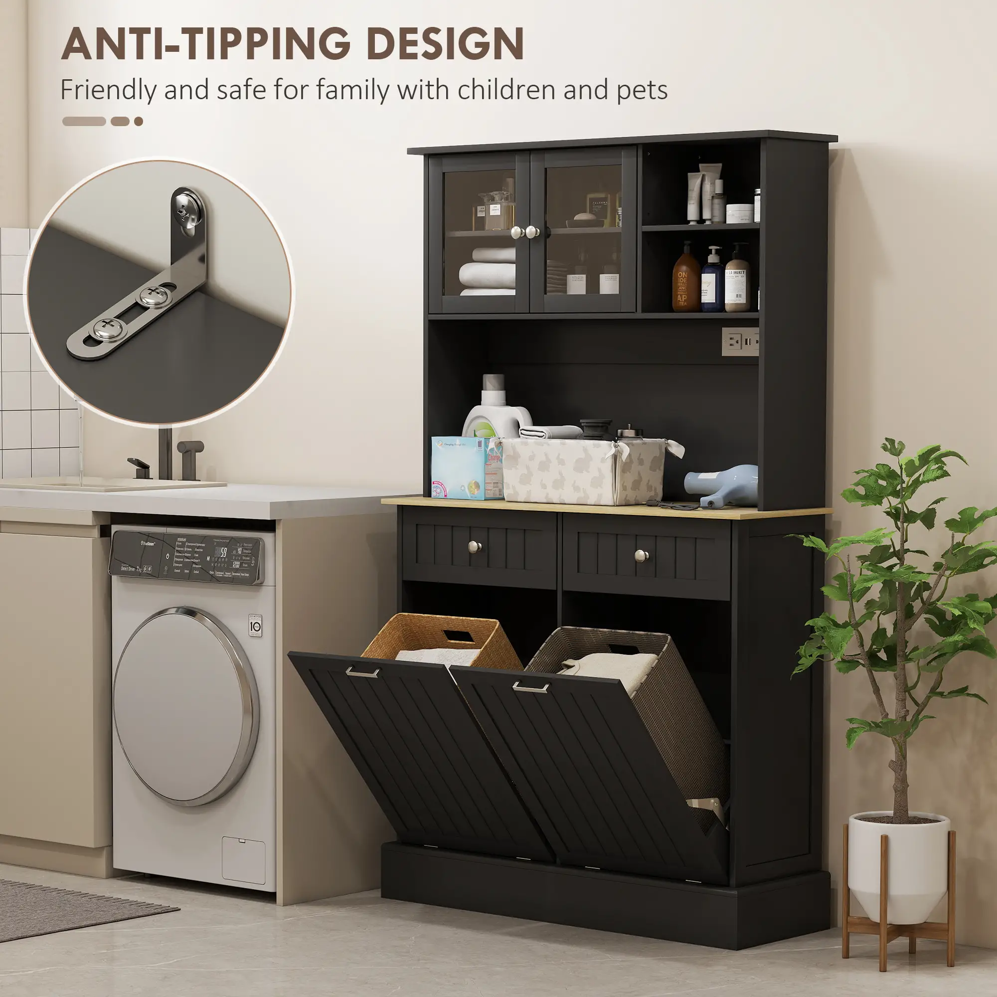 Kitchen Cabinet with Charging Station, 2 Tilt Out Cabinets, Microwave Stand, Black - Image 10