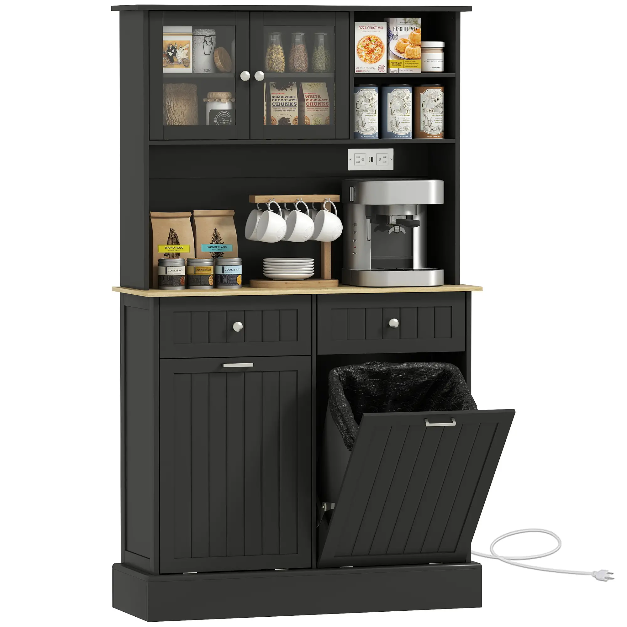Kitchen Cabinet with Charging Station, 2 Tilt Out Cabinets, Microwave Stand, Black - Image 11