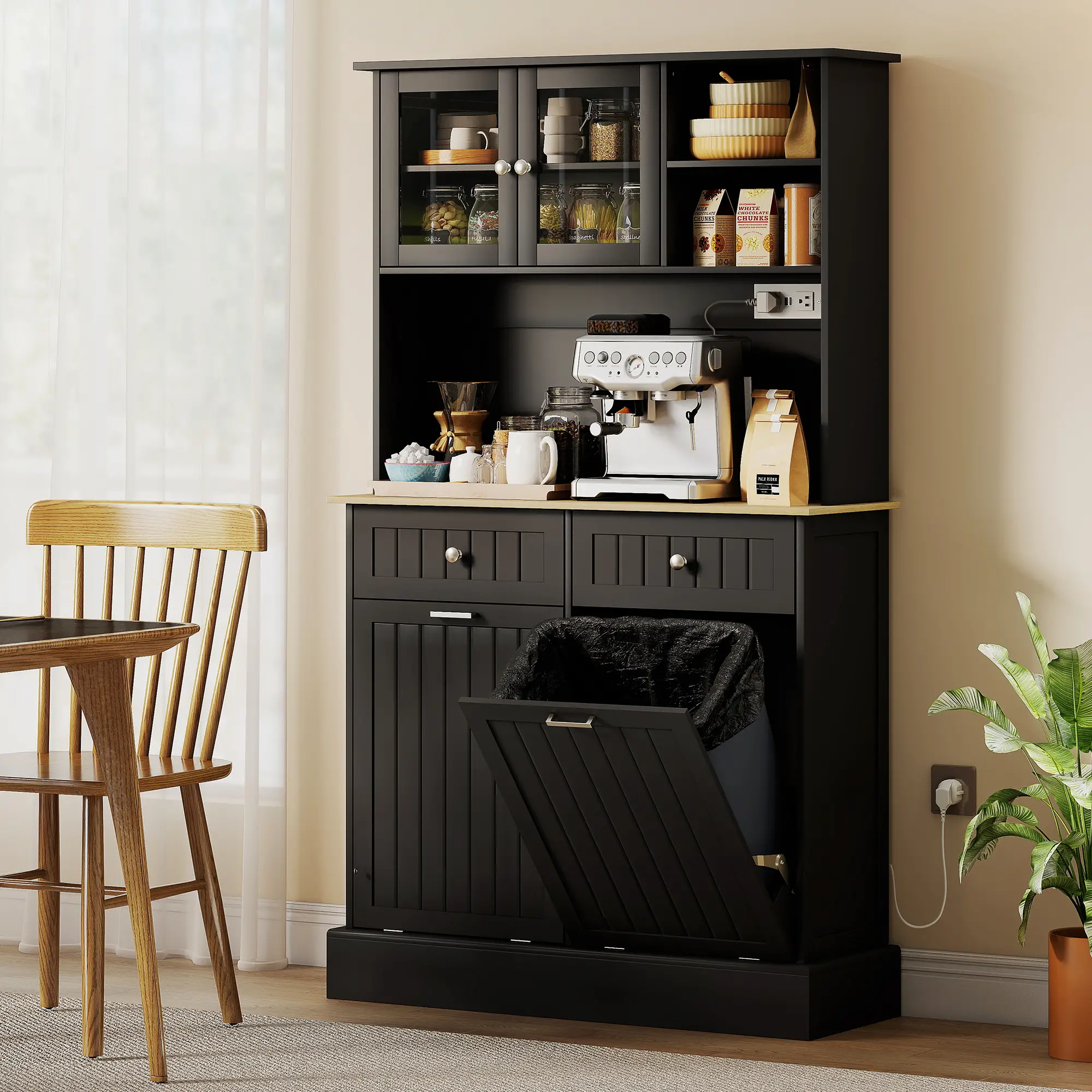 Kitchen Cabinet with Charging Station, 2 Tilt Out Cabinets, Microwave Stand, Black - Image 2